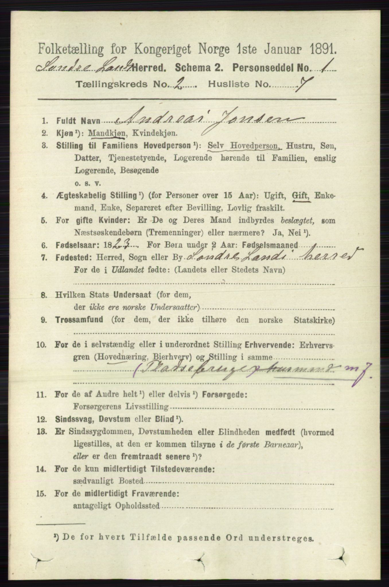 RA, 1891 census for 0536 Søndre Land, 1891, p. 1073