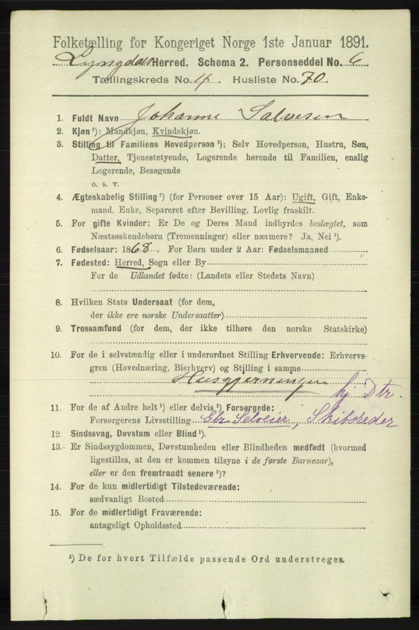 RA, 1891 census for 1032 Lyngdal, 1891, p. 1788