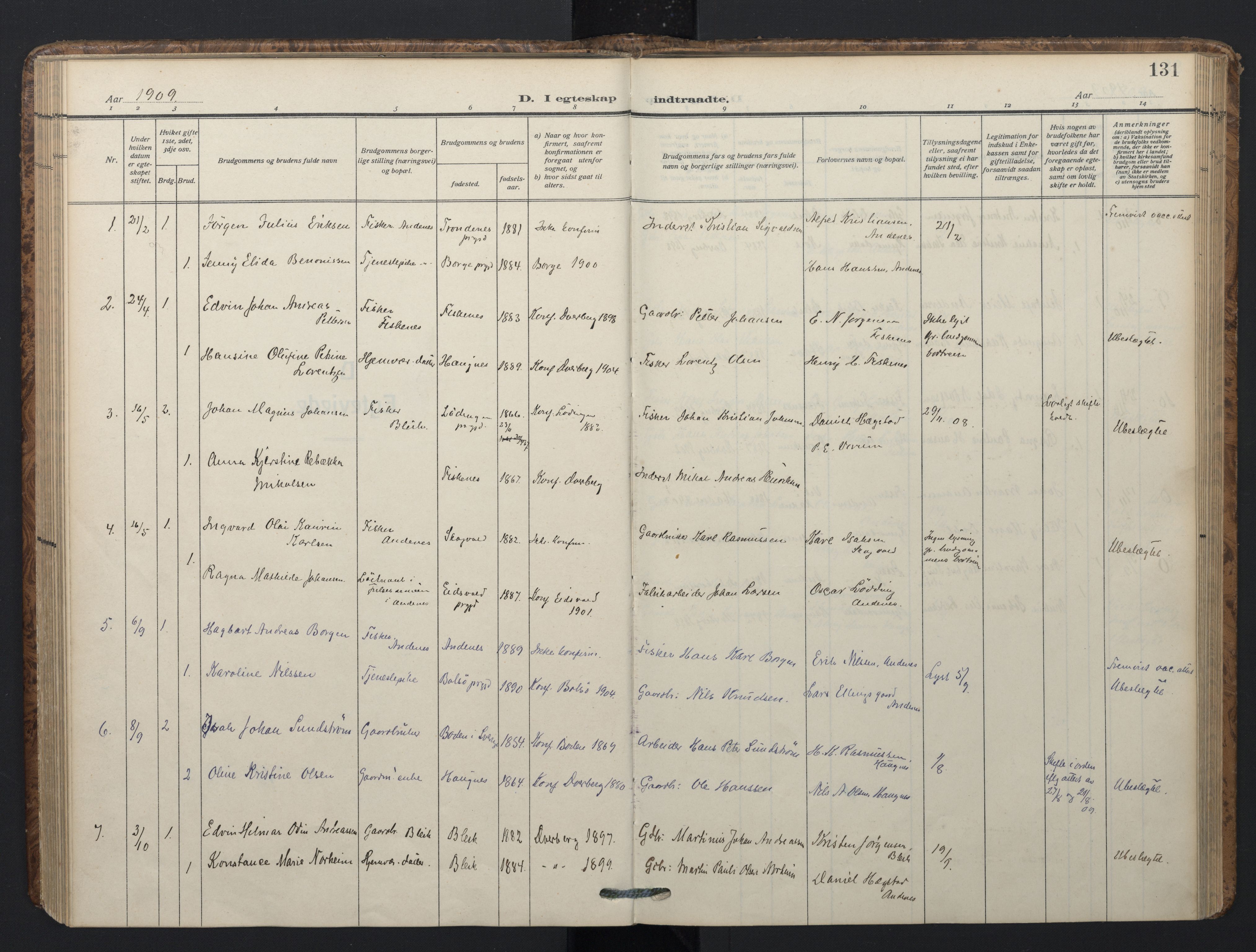 Ministerialprotokoller, klokkerbøker og fødselsregistre - Nordland, SAT/A-1459/899/L1438: Parish register (official) no. 899A06, 1909-1922, p. 131