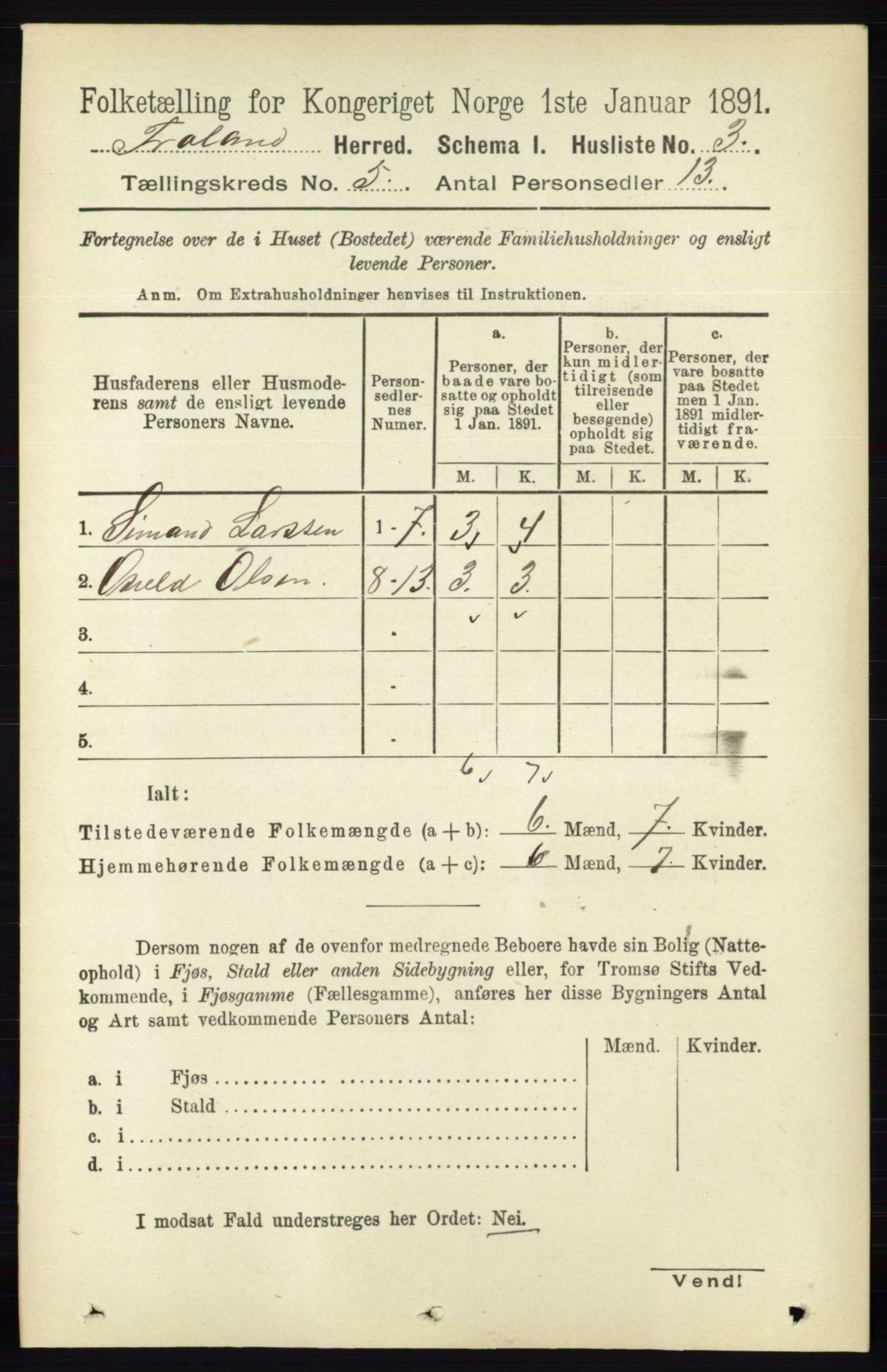 RA, 1891 census for 0919 Froland, 1891, p. 1725