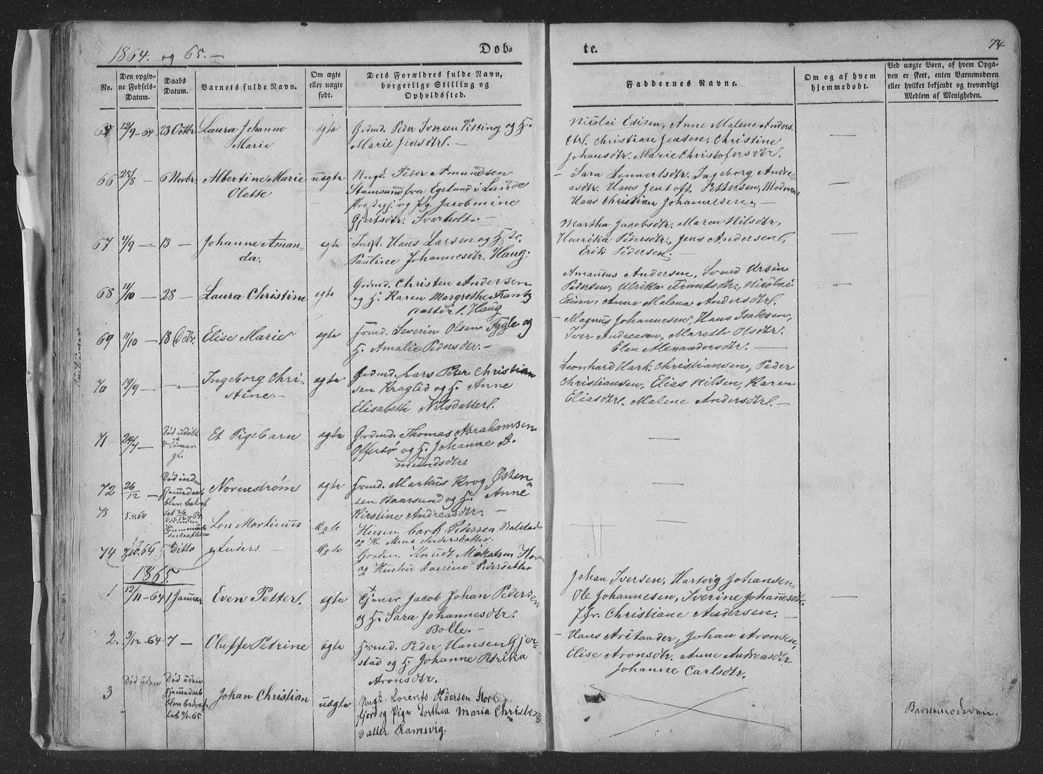 Ministerialprotokoller, klokkerbøker og fødselsregistre - Nordland, AV/SAT-A-1459/881/L1165: Parish register (copy) no. 881C02, 1854-1876, p. 74