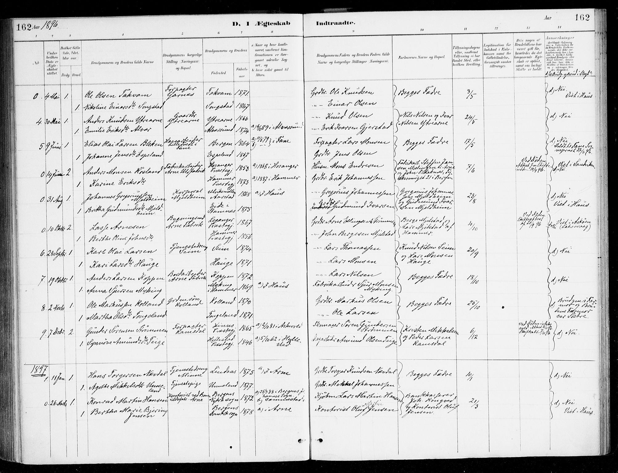 Haus sokneprestembete, AV/SAB-A-75601/H/Haa/Haad/L0001: Parish register (official) no. D 1, 1887-1898, p. 162