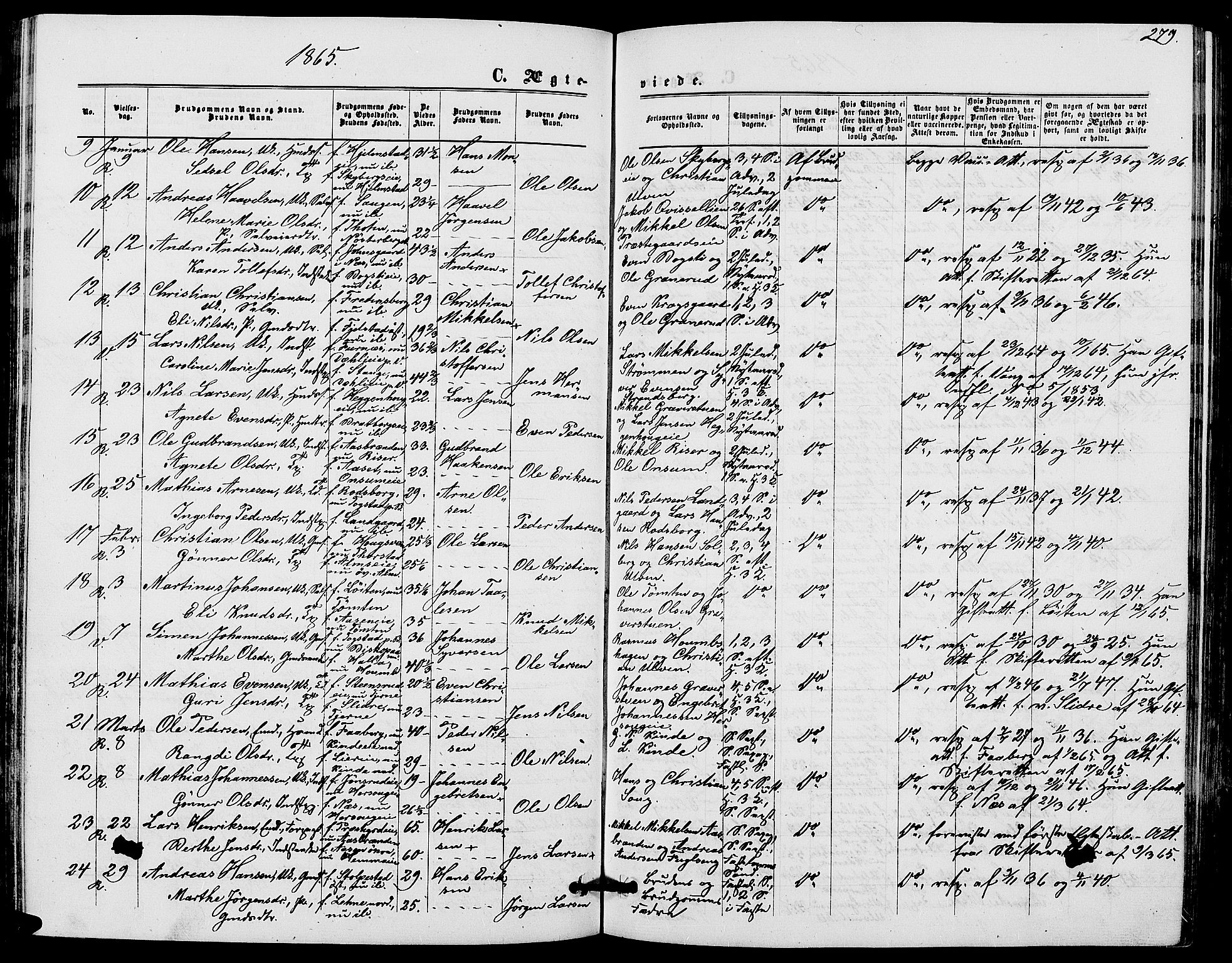 Ringsaker prestekontor, AV/SAH-PREST-014/L/La/L0007: Parish register (copy) no. 7, 1861-1869, p. 279