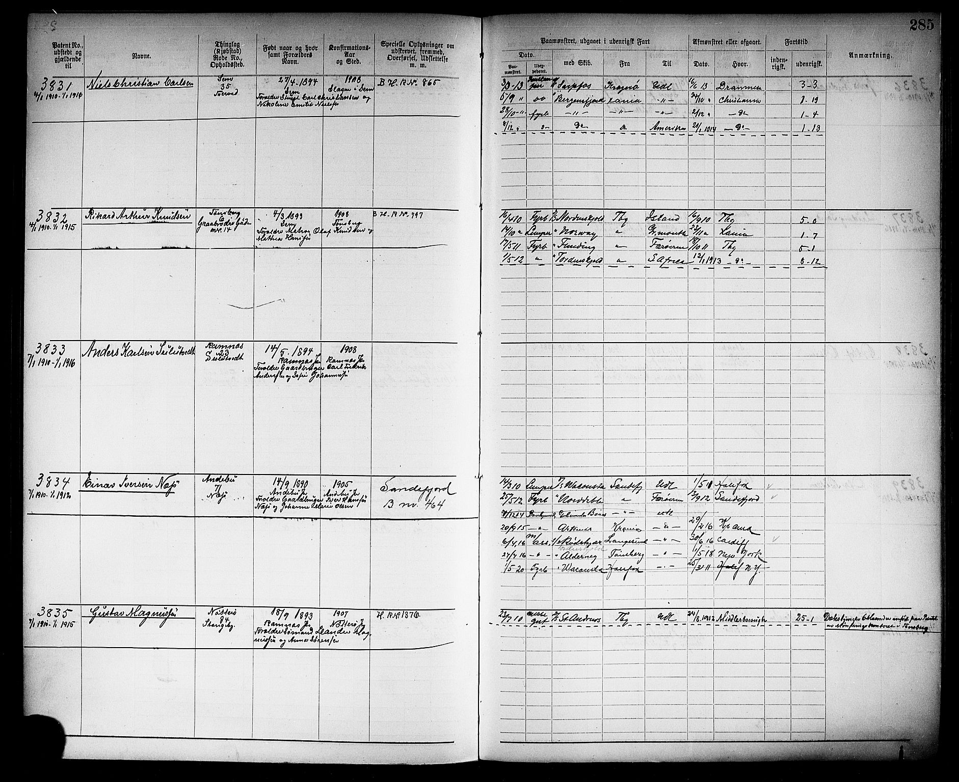 Tønsberg innrulleringskontor, SAKO/A-786/F/Fb/L0009: Annotasjonsrulle Patent nr. 2406-4085, 1904-1910, p. 288