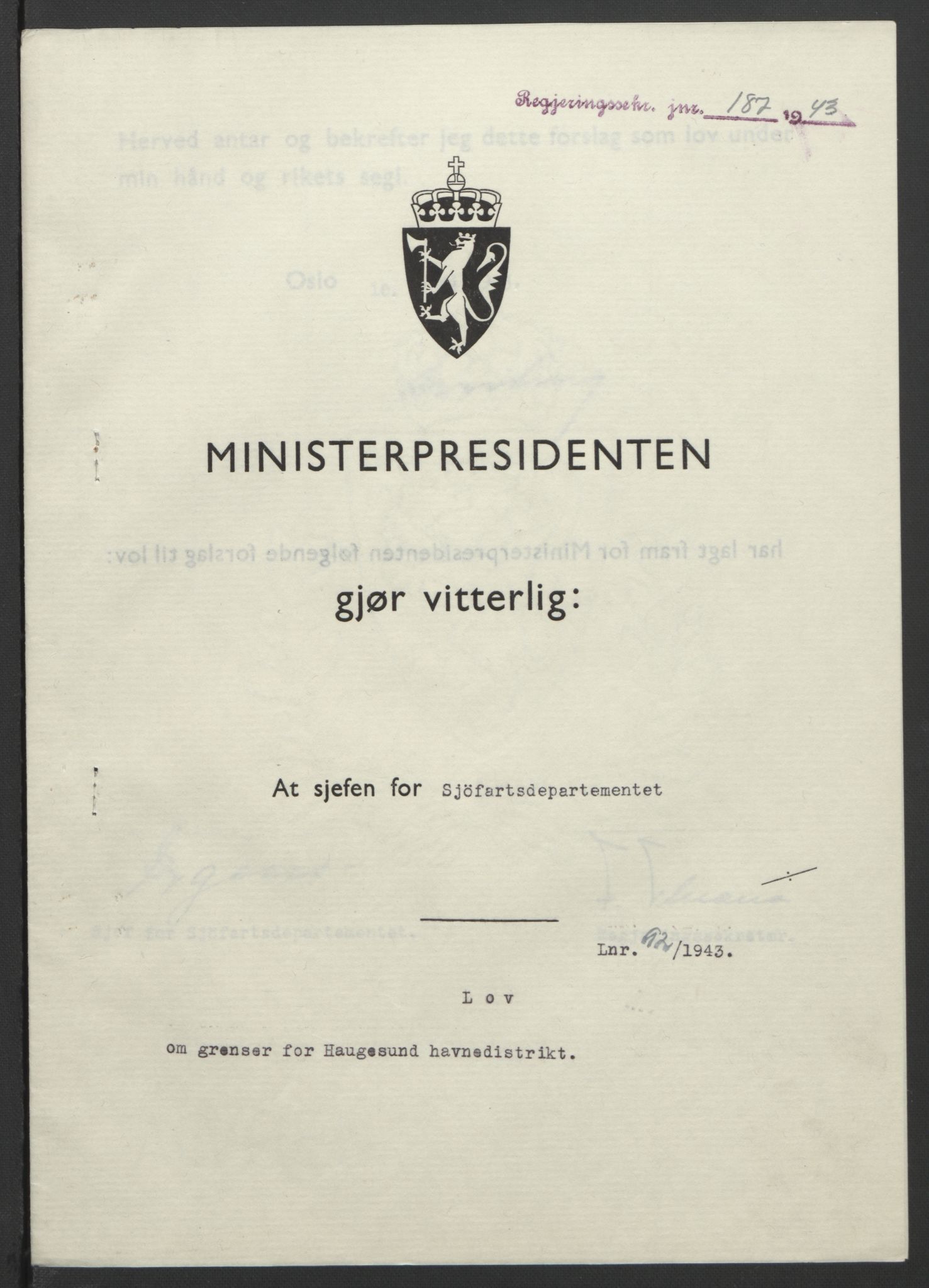 NS-administrasjonen 1940-1945 (Statsrådsekretariatet, de kommisariske statsråder mm), RA/S-4279/D/Db/L0099: Lover, 1943, p. 417