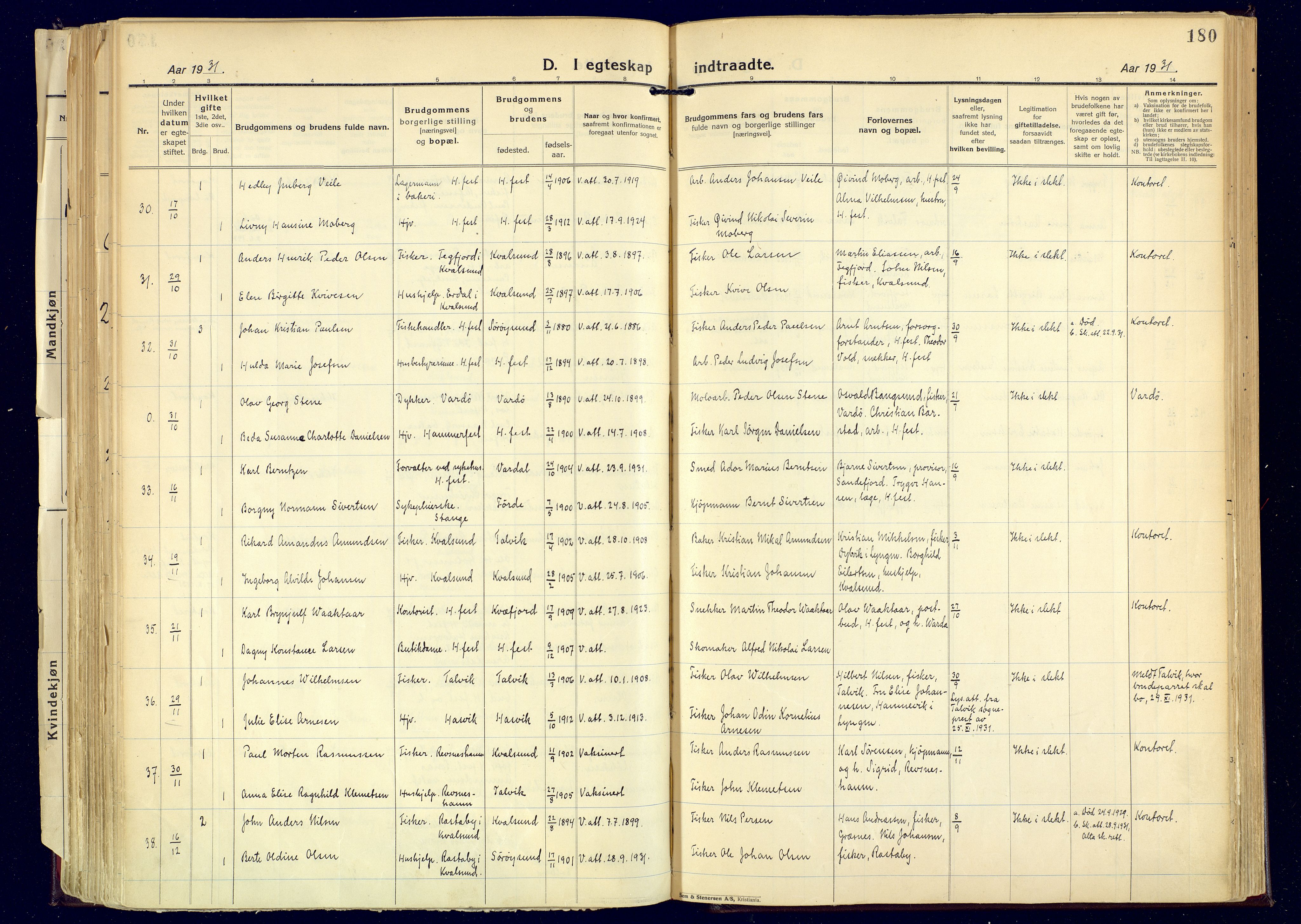 Hammerfest sokneprestkontor, AV/SATØ-S-1347/H/Ha/L0017.kirke: Parish register (official) no. 17, 1923-1933, p. 180