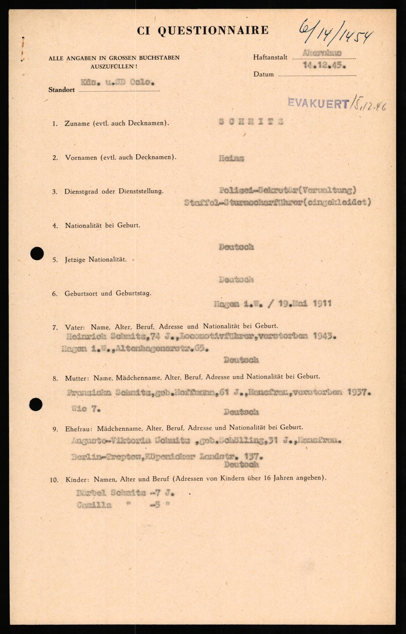 Forsvaret, Forsvarets overkommando II, RA/RAFA-3915/D/Db/L0029: CI Questionaires. Tyske okkupasjonsstyrker i Norge. Tyskere., 1945-1946, p. 469