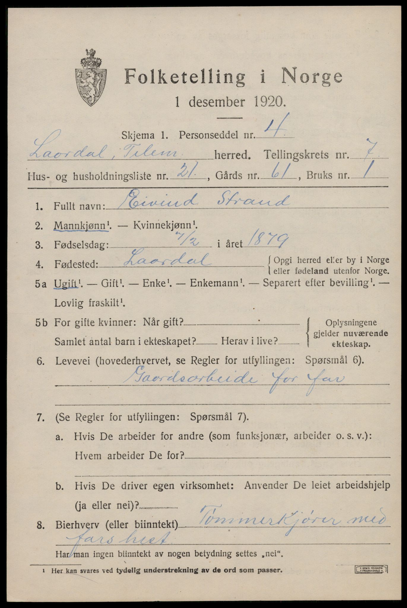 SAKO, 1920 census for Lårdal, 1920, p. 2897