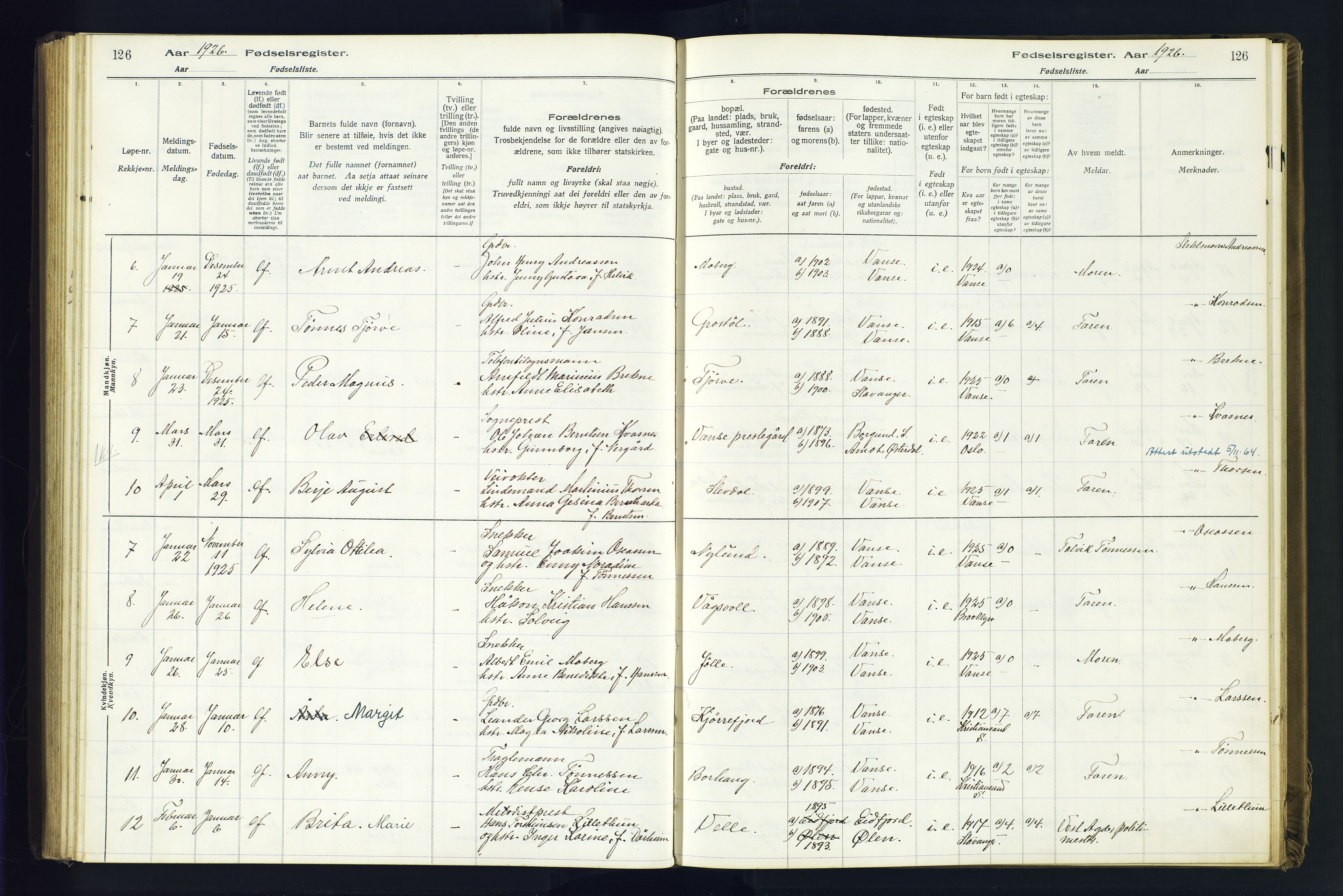 Lista sokneprestkontor, AV/SAK-1111-0027/J/Ja/L0001: Birth register no. A-VI-30, 1916-1934, p. 126