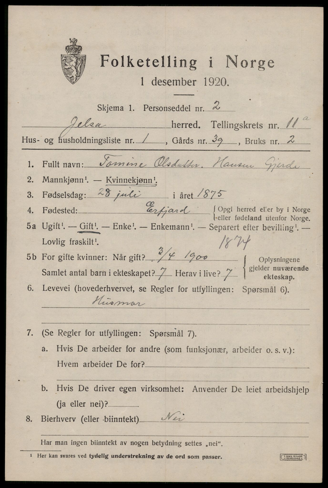 SAST, 1920 census for Jelsa, 1920, p. 2880