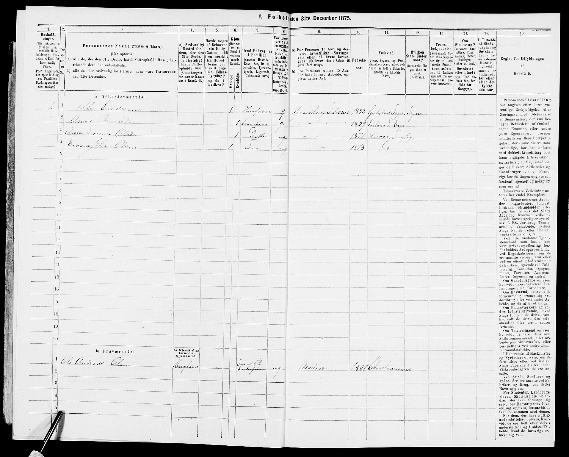 SAK, 1875 census for 0927P Høvåg, 1875, p. 444