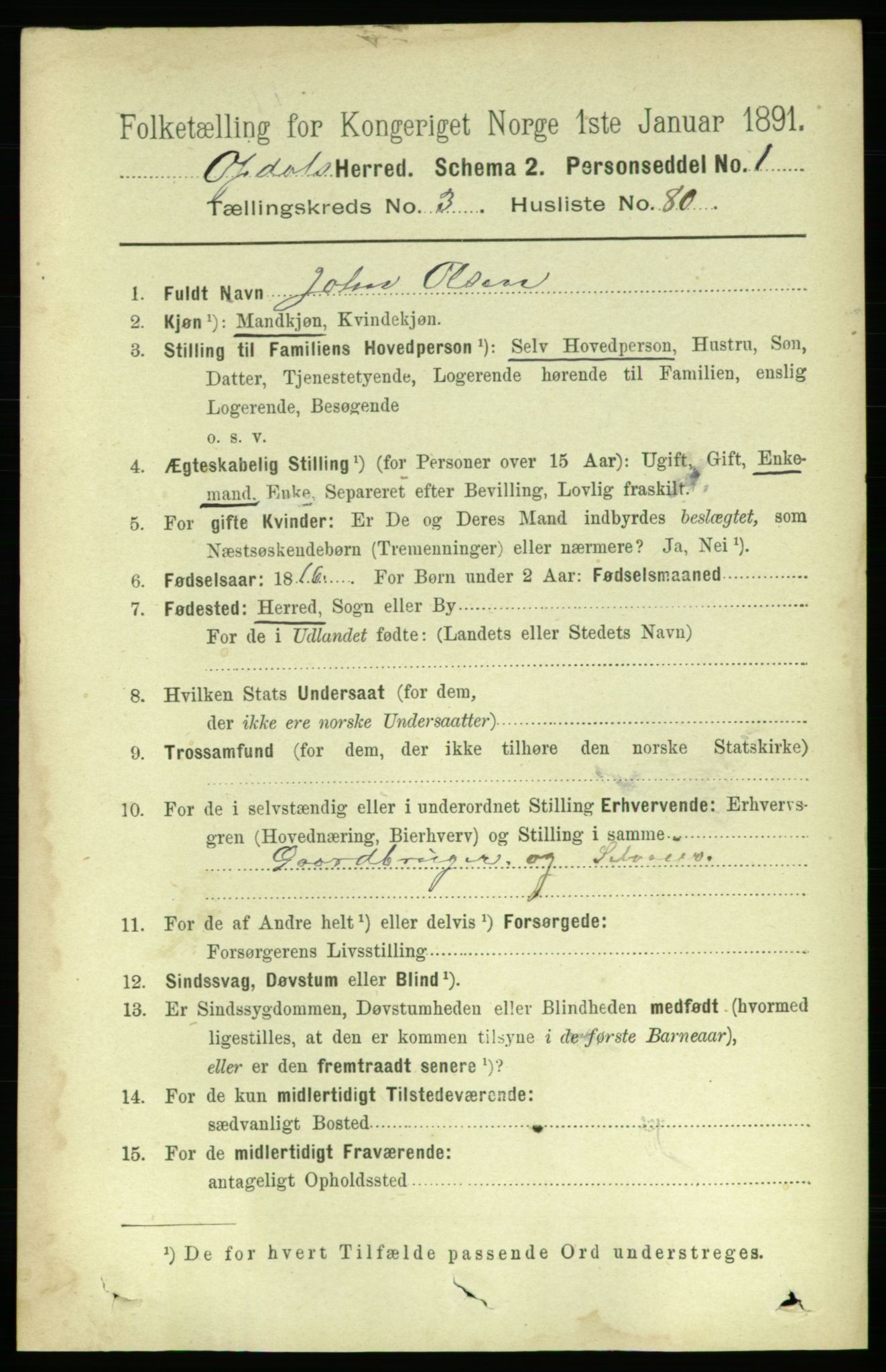 RA, 1891 census for 1634 Oppdal, 1891, p. 1722