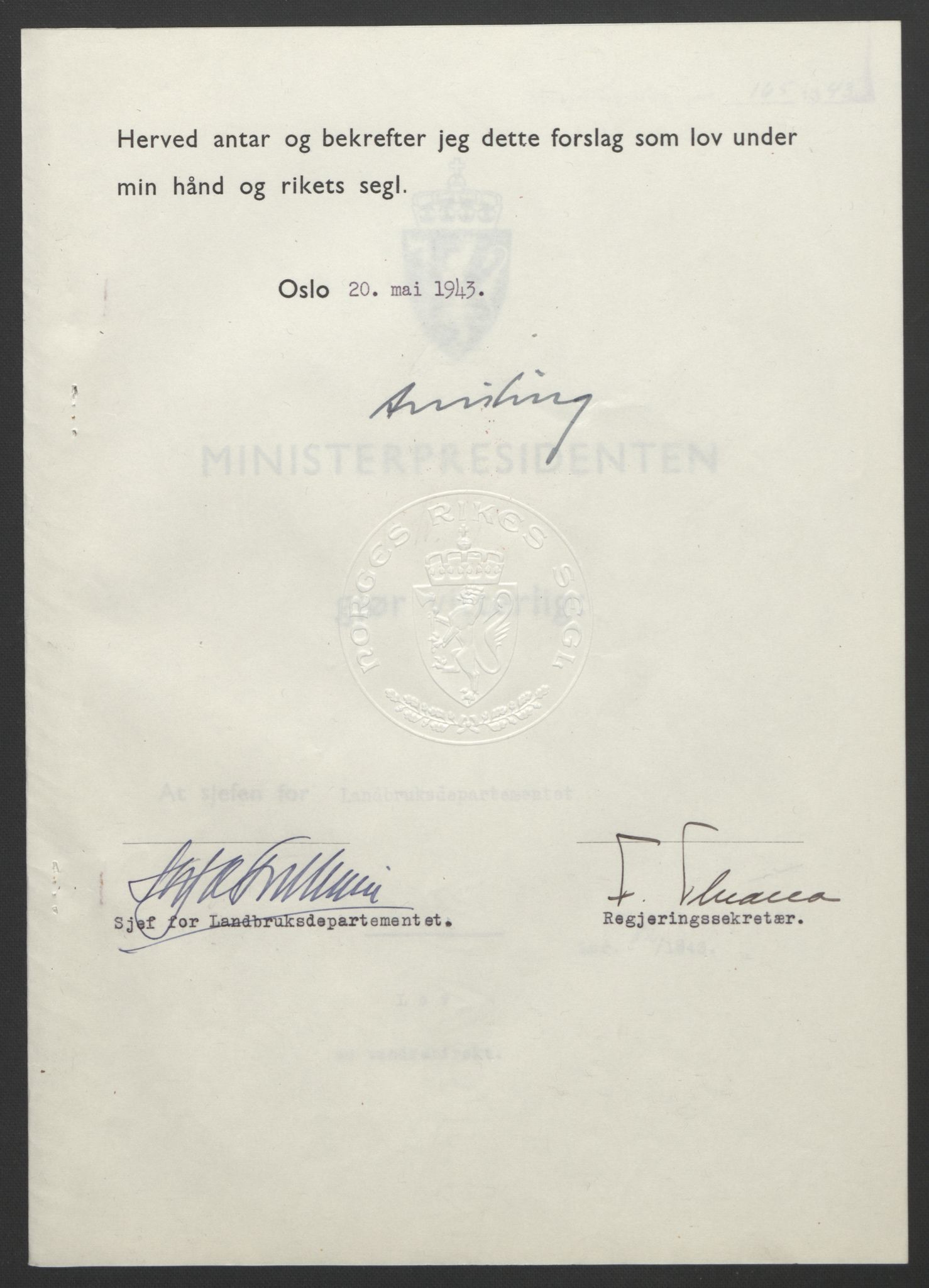 NS-administrasjonen 1940-1945 (Statsrådsekretariatet, de kommisariske statsråder mm), RA/S-4279/D/Db/L0099: Lover, 1943, p. 377