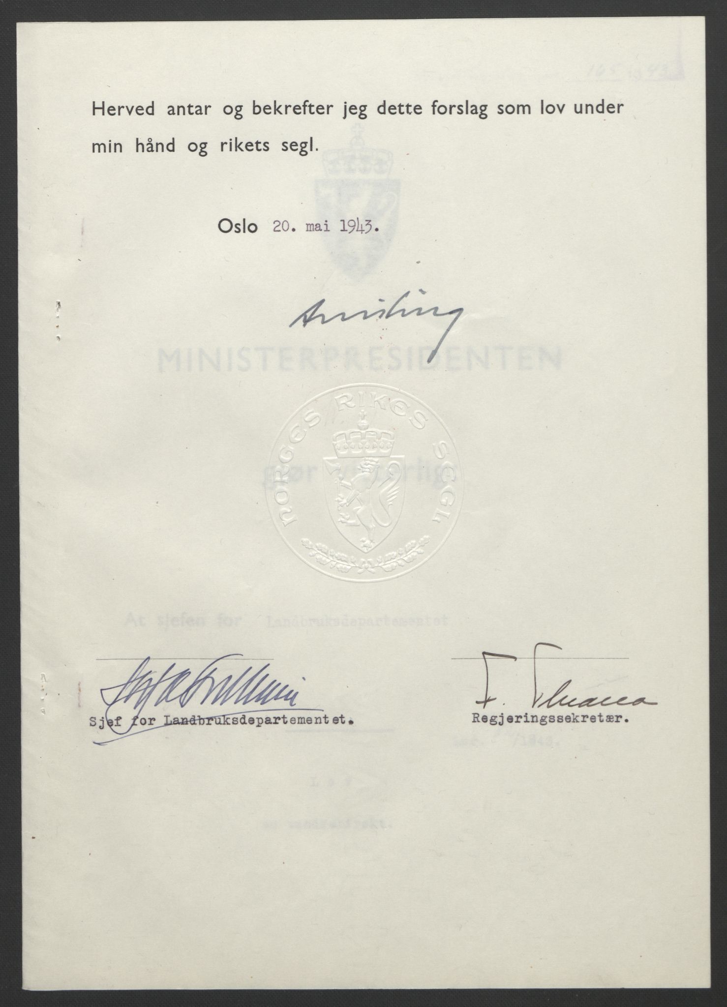 NS-administrasjonen 1940-1945 (Statsrådsekretariatet, de kommisariske statsråder mm), AV/RA-S-4279/D/Db/L0099: Lover, 1943, p. 377