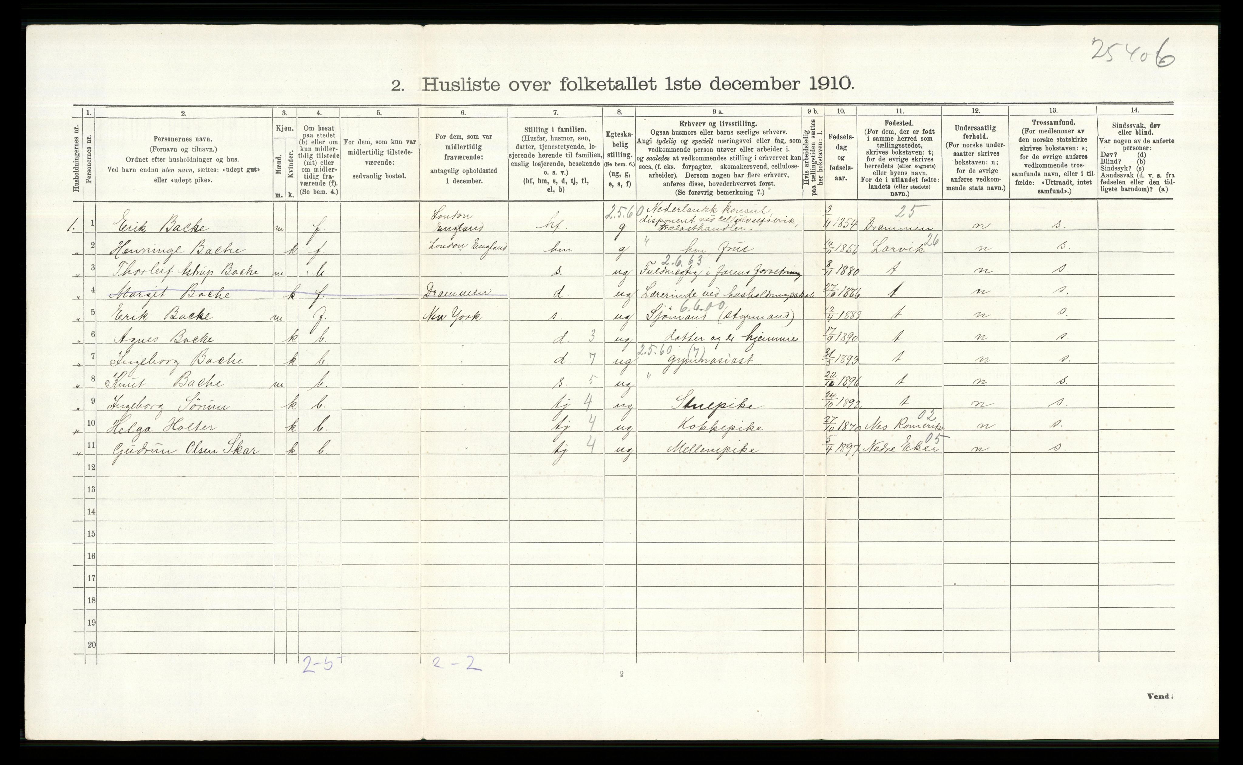 RA, 1910 census for Lier, 1910, p. 653