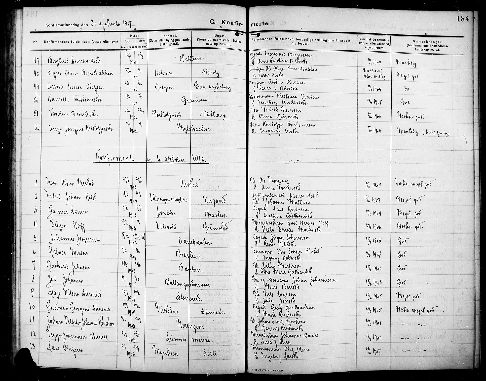 Lunner prestekontor, SAH/PREST-118/H/Ha/Hab/L0001: Parish register (copy) no. 1, 1909-1922, p. 184