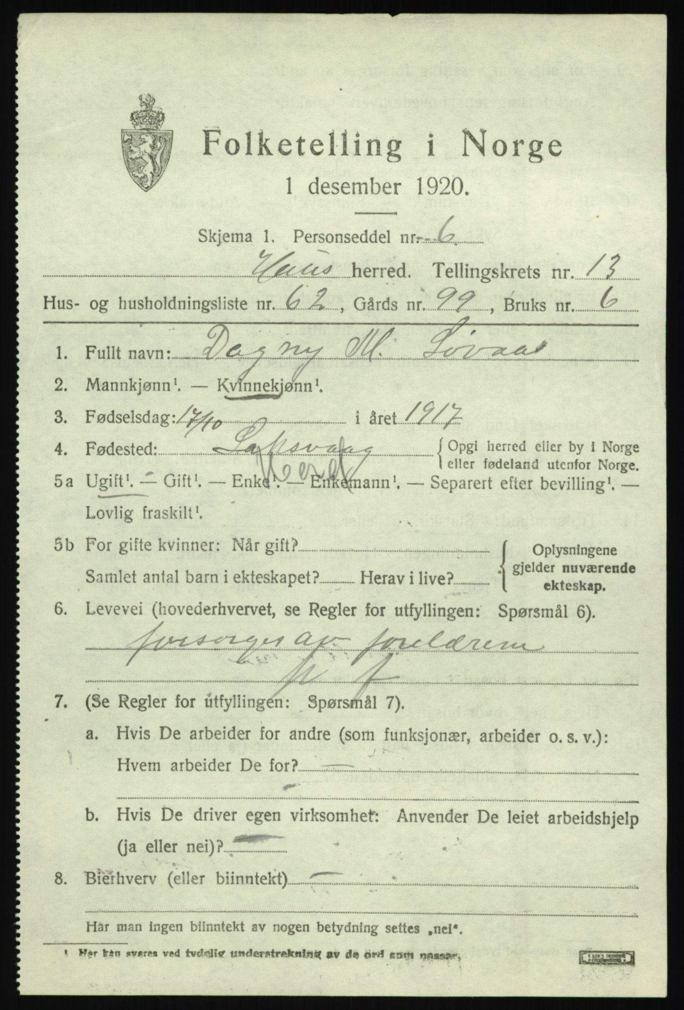 SAB, 1920 census for Haus, 1920, p. 8783