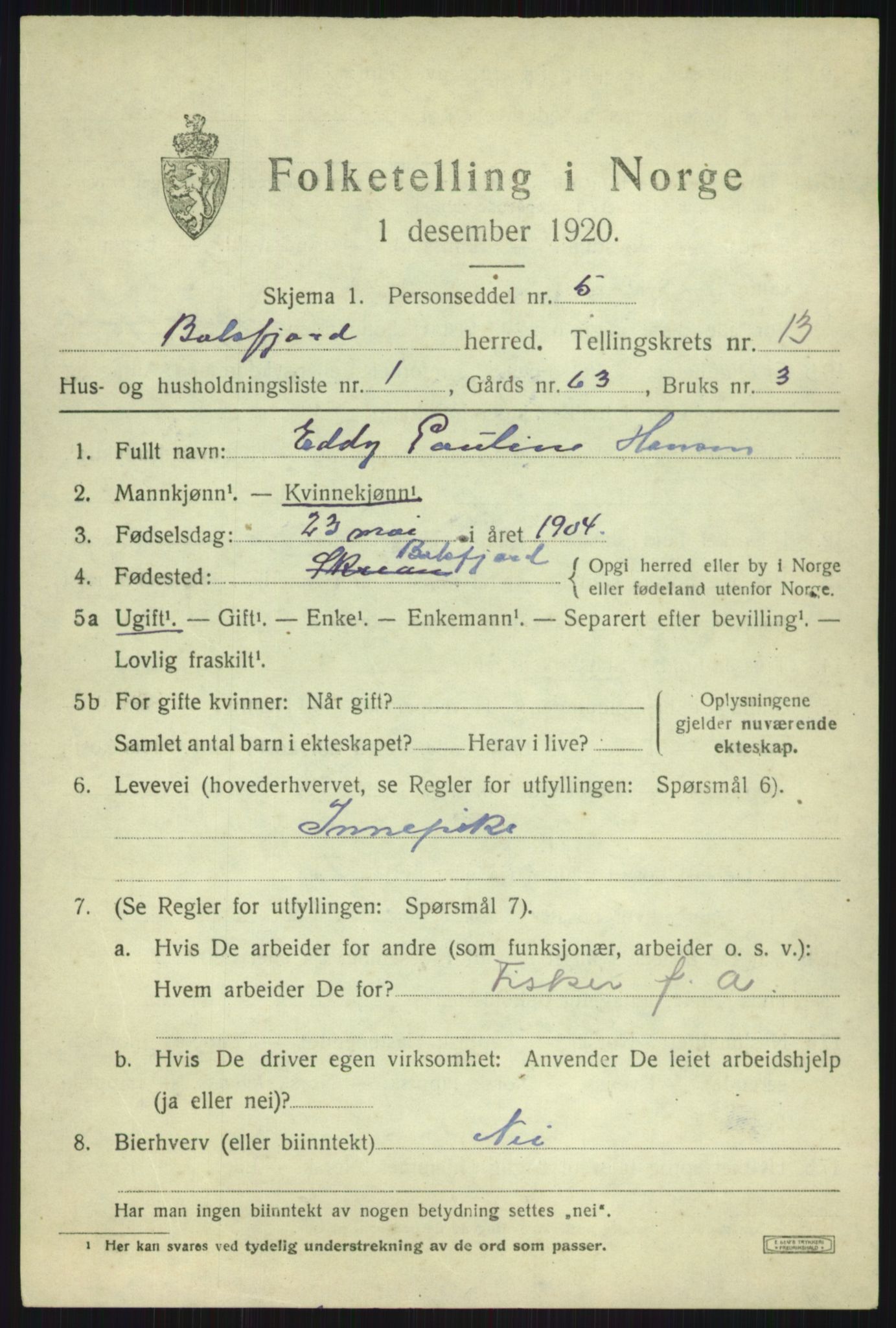 SATØ, 1920 census for Balsfjord, 1920, p. 7604