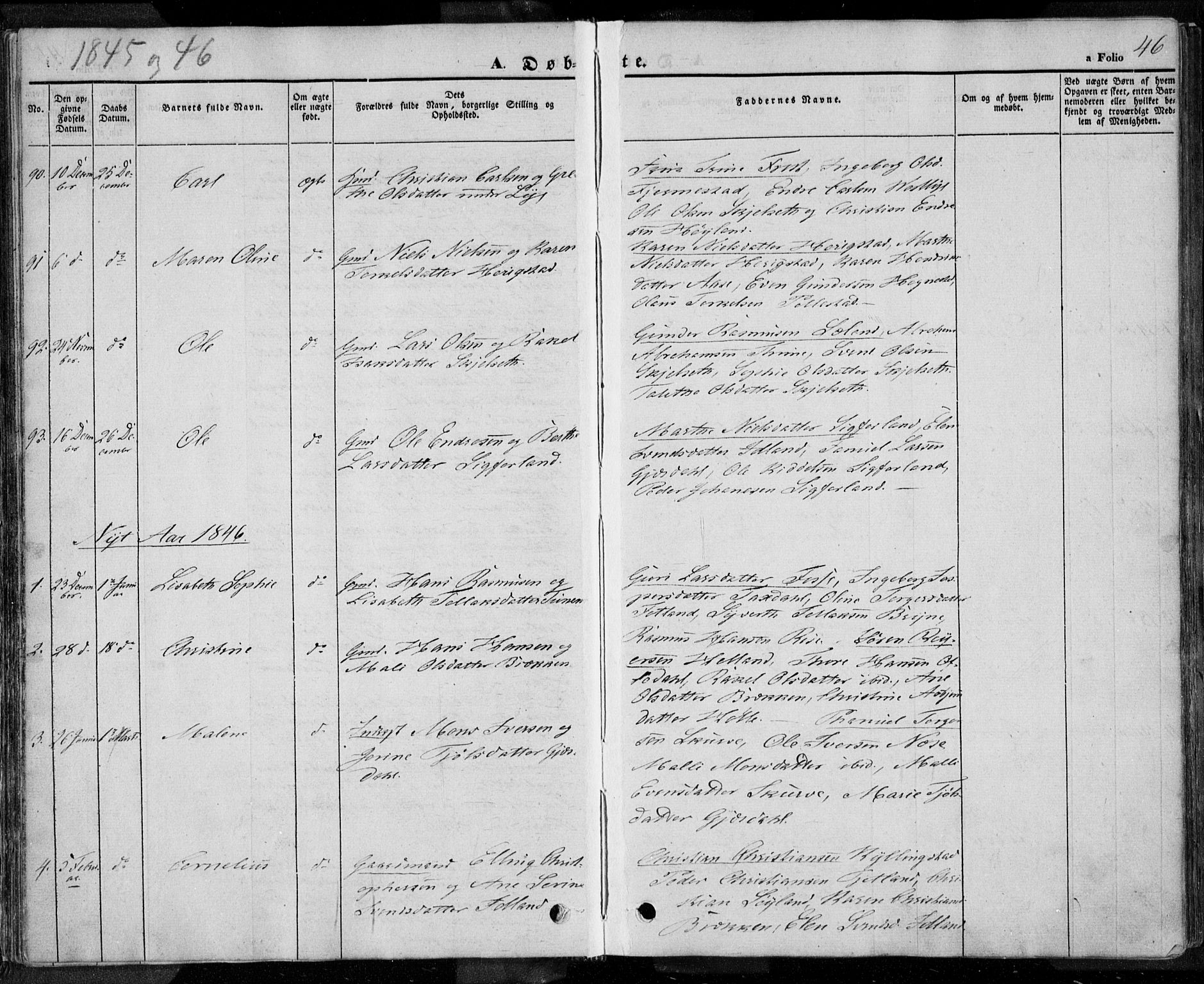 Lye sokneprestkontor, AV/SAST-A-101794/001/30BA/L0005: Parish register (official) no. A 5.1, 1842-1855, p. 46