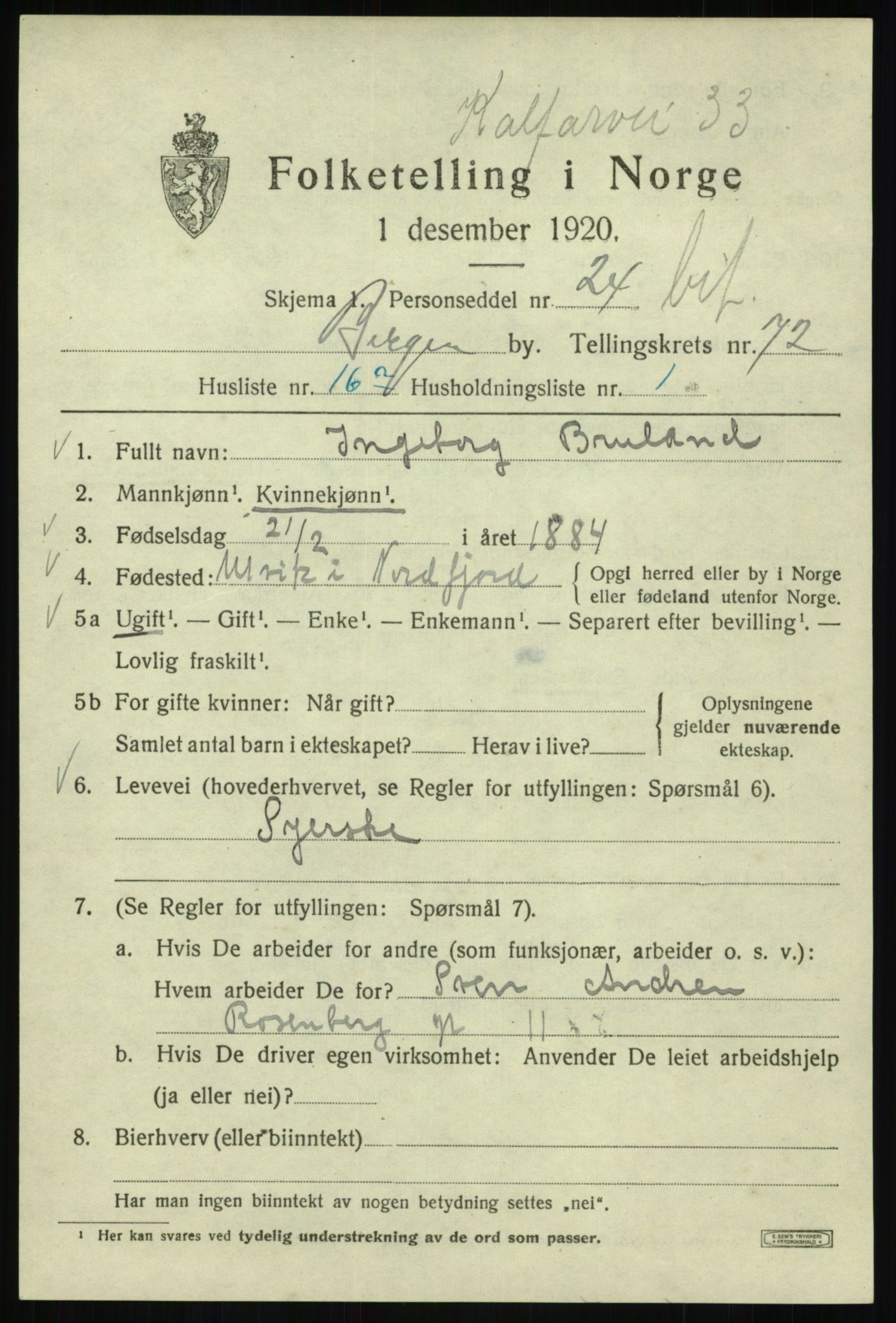 SAB, 1920 census for Bergen, 1920, p. 142382