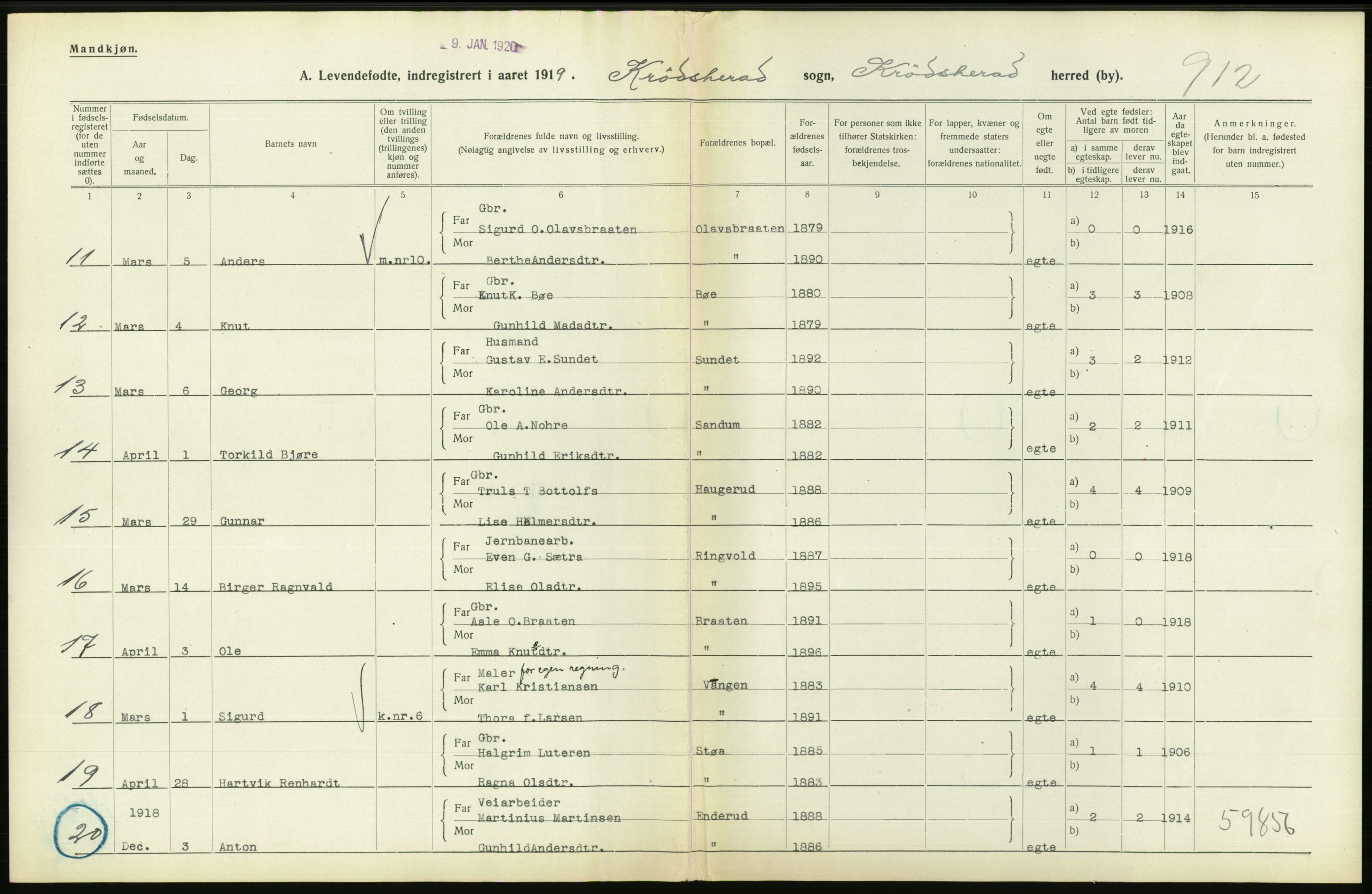 Statistisk sentralbyrå, Sosiodemografiske emner, Befolkning, RA/S-2228/D/Df/Dfb/Dfbi/L0016: Buskerud fylke: Levendefødte menn og kvinner. Bygder., 1919, p. 444