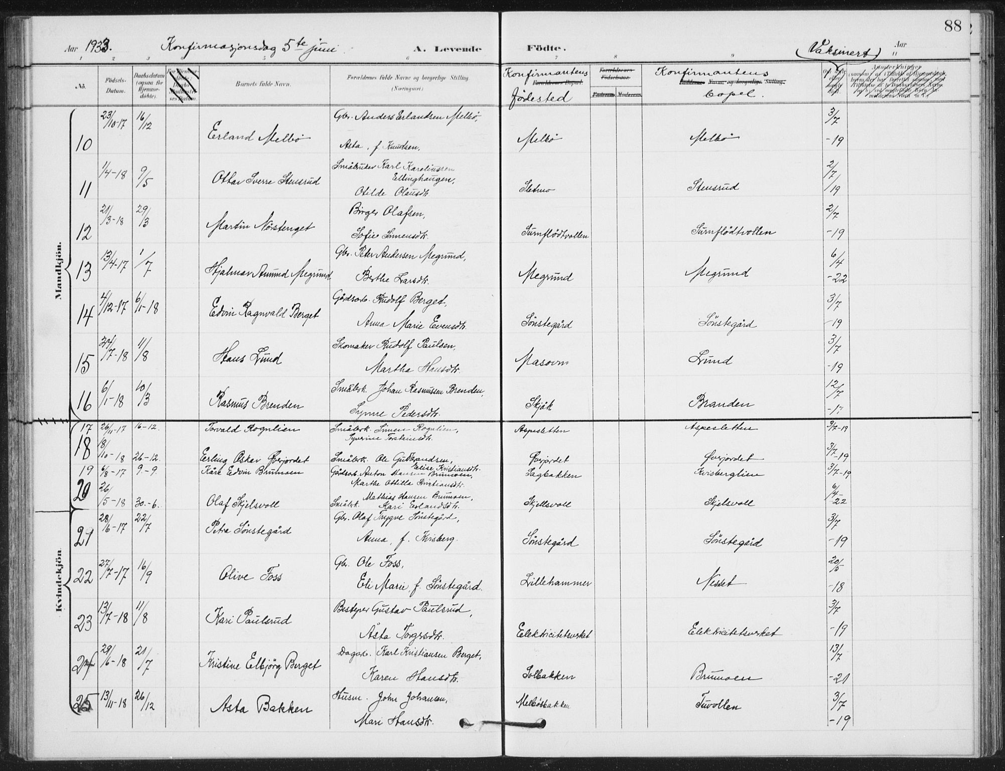 Vestre Gausdal prestekontor, SAH/PREST-094/H/Ha/Hab/L0004: Parish register (copy) no. 4, 1898-1939, p. 88