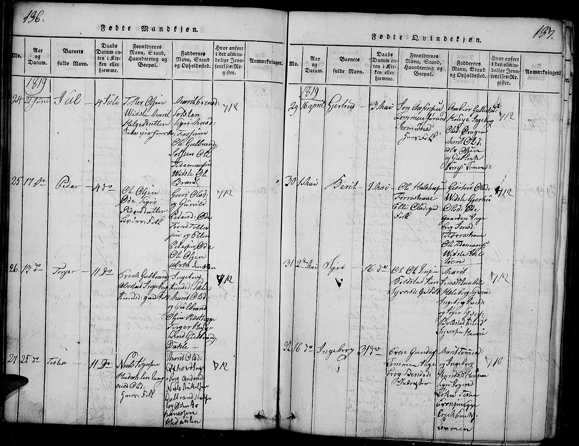 Slidre prestekontor, SAH/PREST-134/H/Ha/Haa/L0002: Parish register (official) no. 2, 1814-1830, p. 136-137