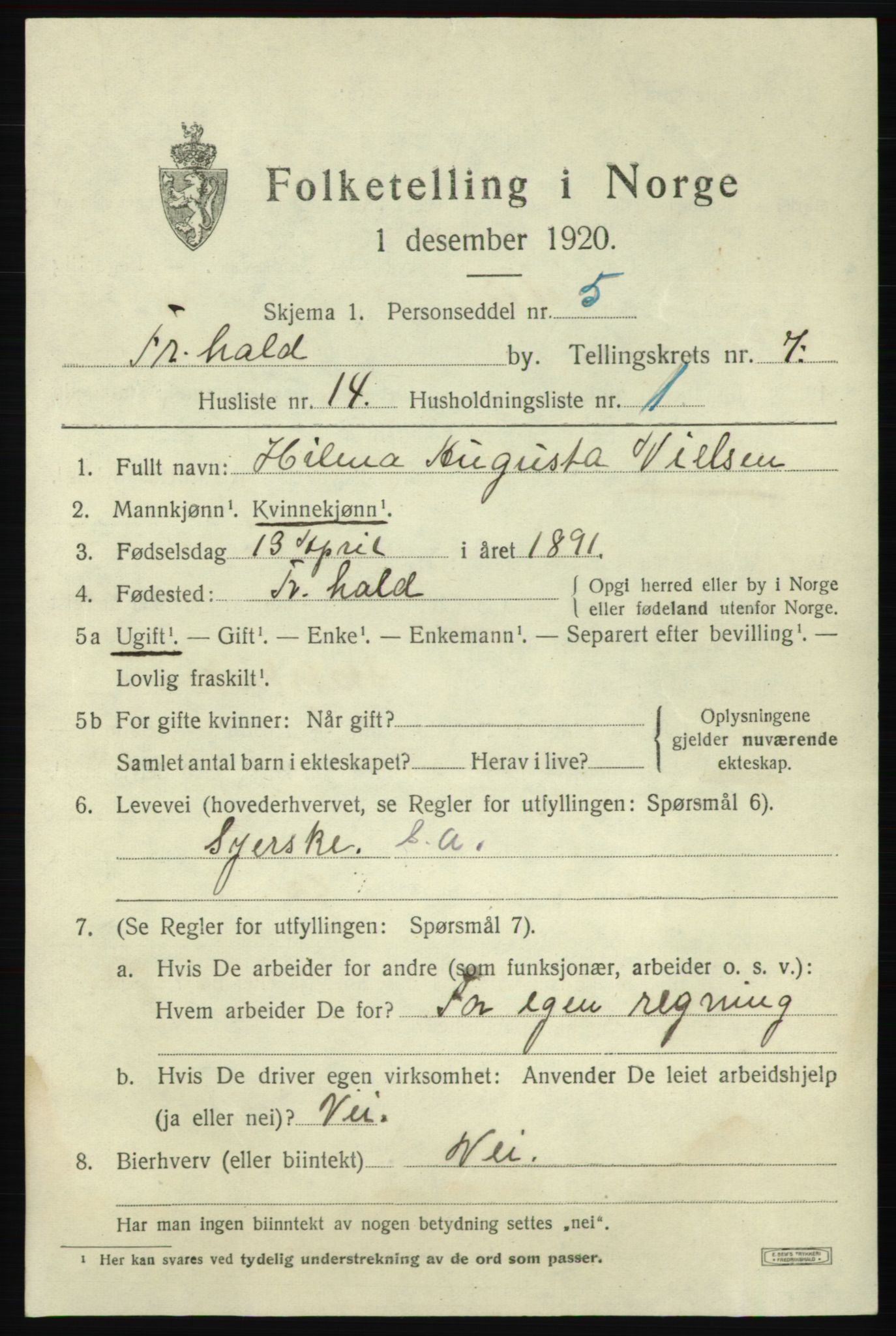 SAO, 1920 census for Fredrikshald, 1920, p. 14156