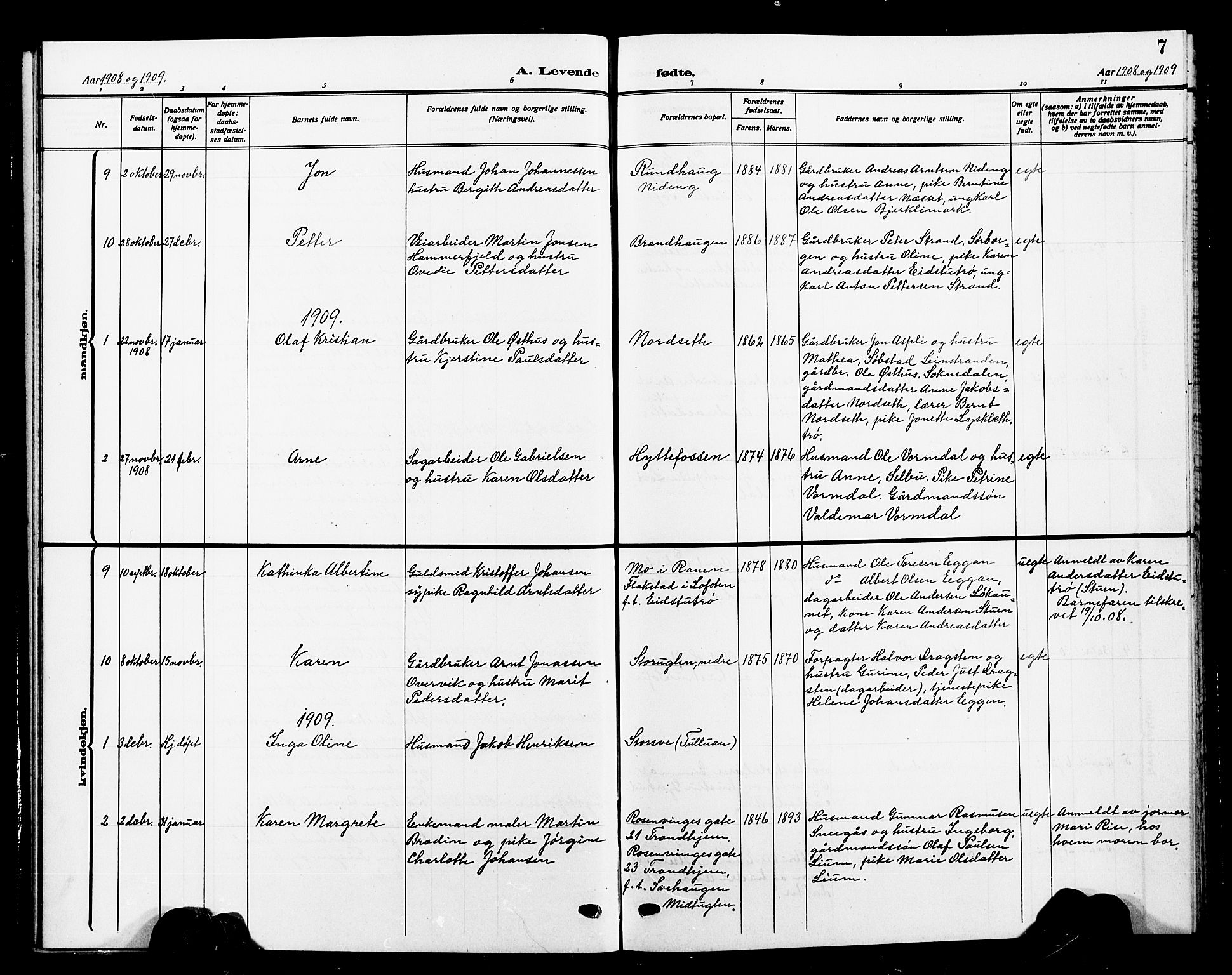 Ministerialprotokoller, klokkerbøker og fødselsregistre - Sør-Trøndelag, SAT/A-1456/618/L0453: Parish register (copy) no. 618C04, 1907-1925, p. 7