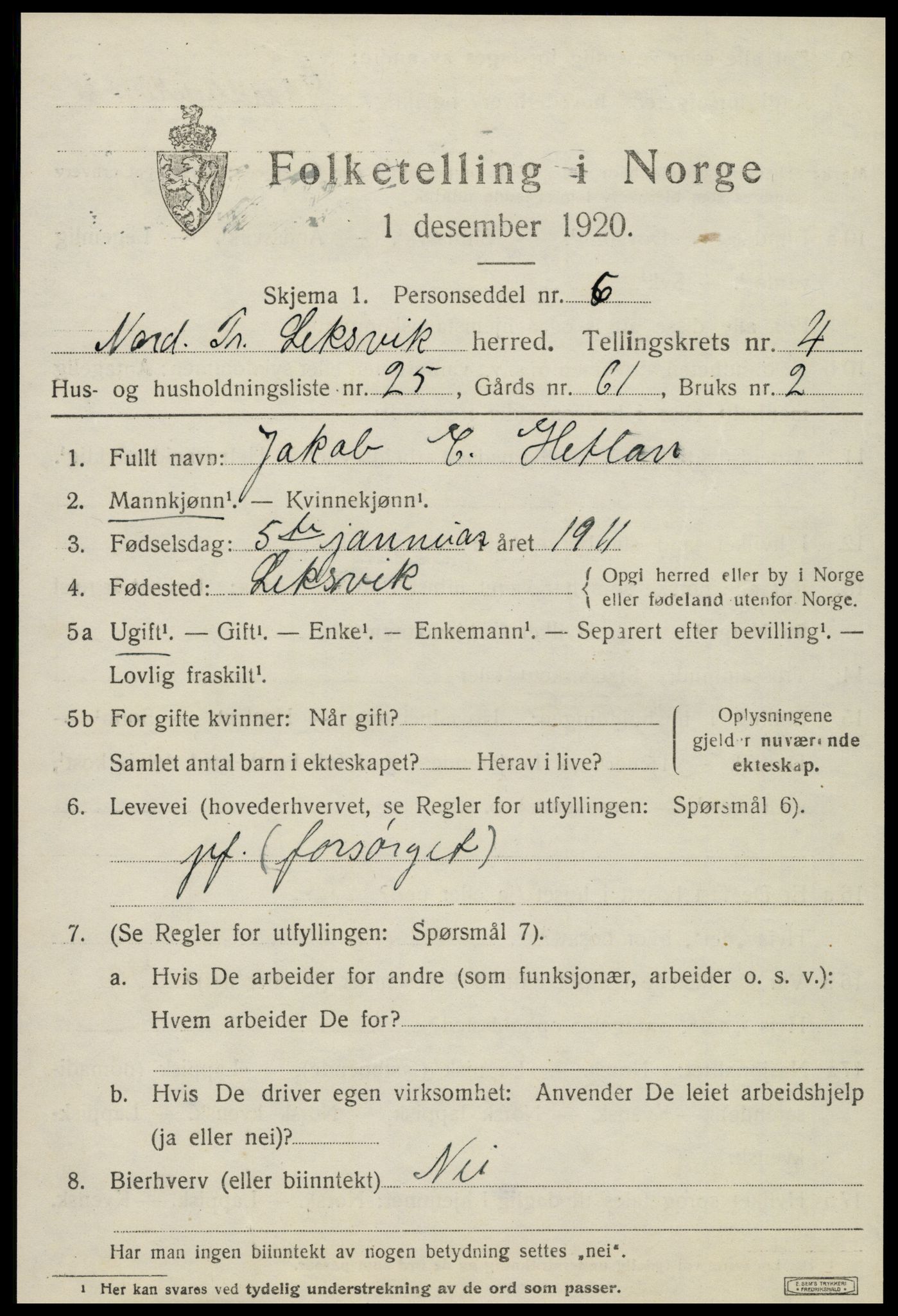 SAT, 1920 census for Leksvik, 1920, p. 3814