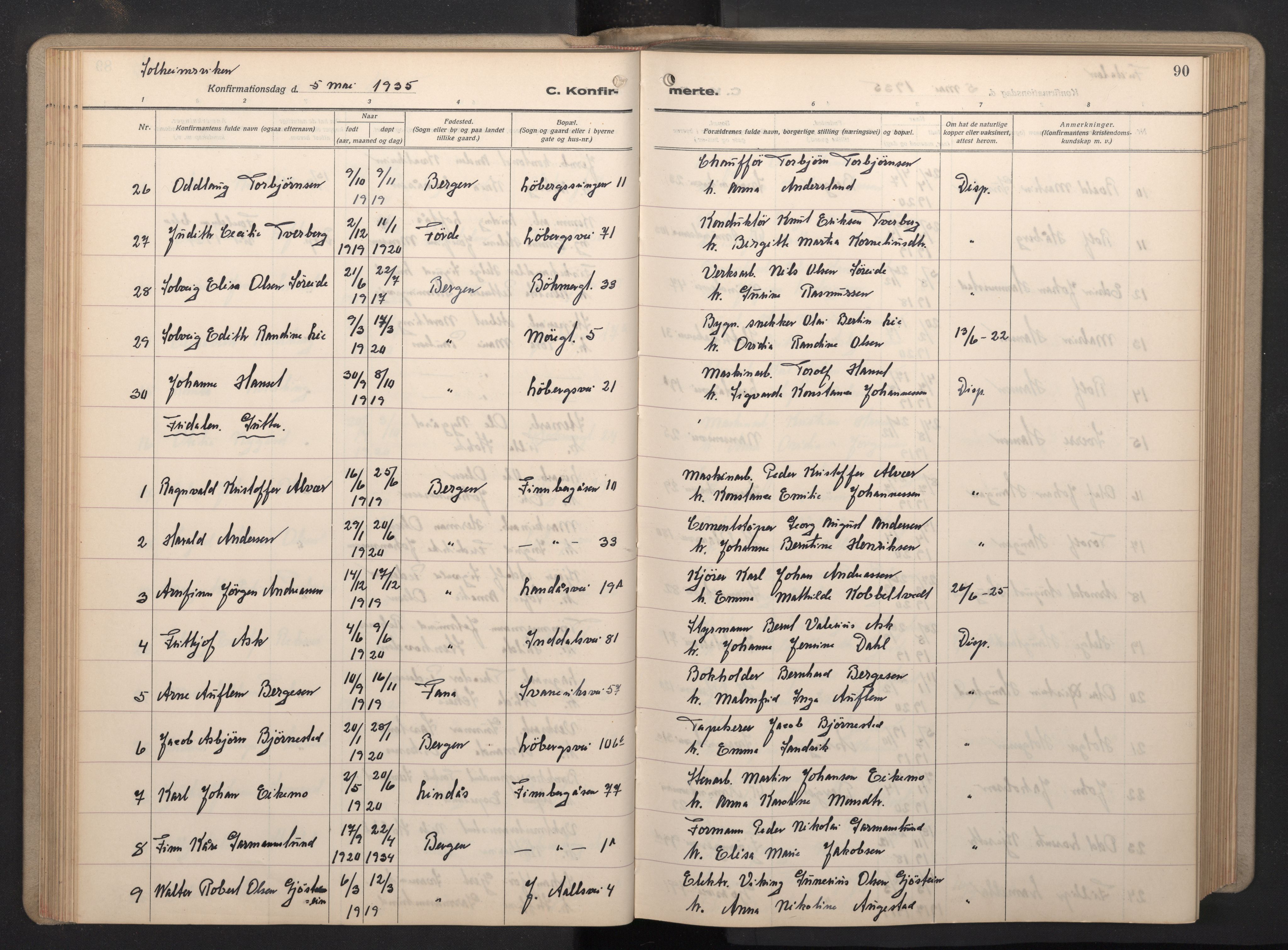 Årstad Sokneprestembete, AV/SAB-A-79301/H/Hab/L0015: Parish register (copy) no. B 5, 1932-1945, p. 89b-90a