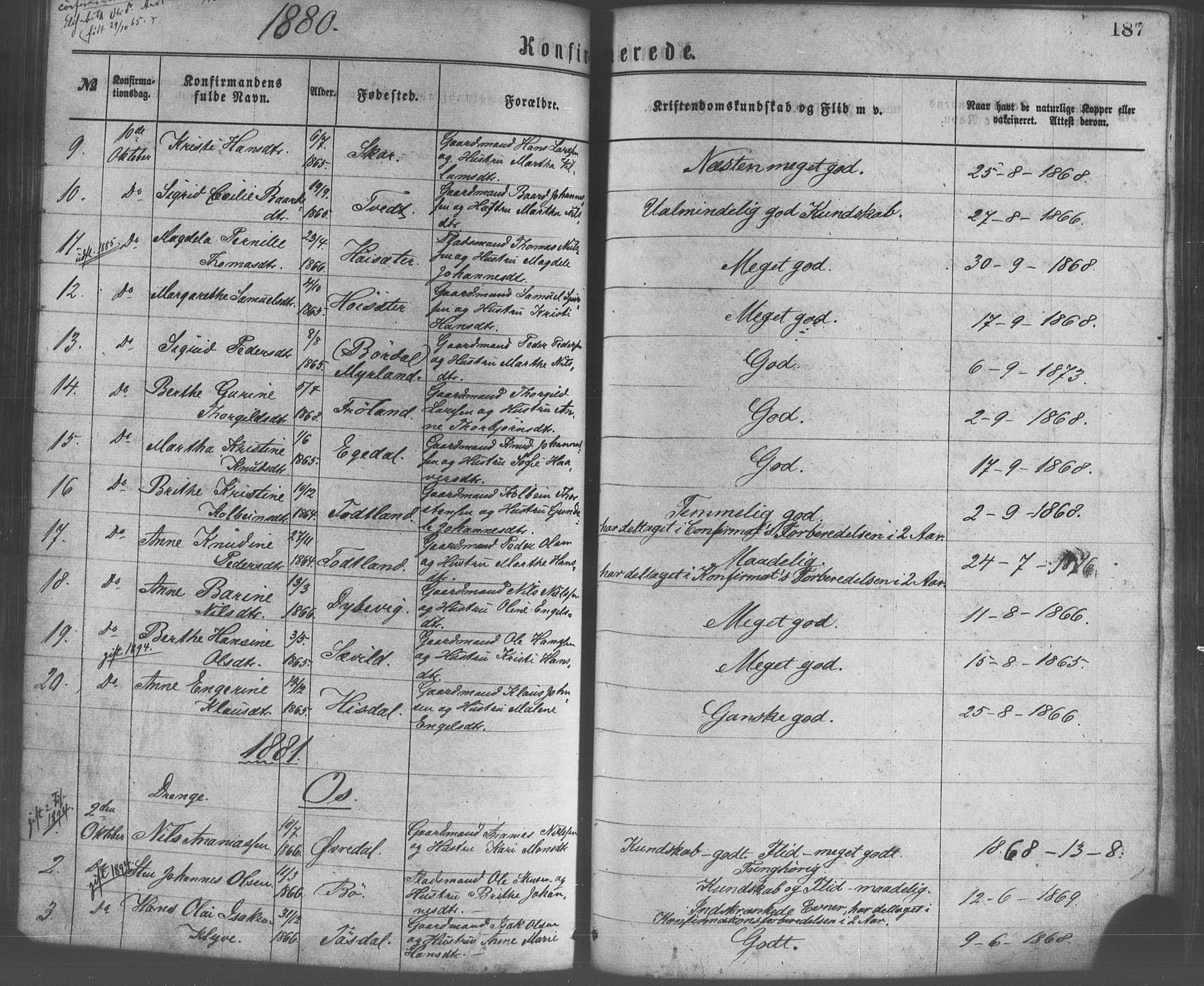 Os sokneprestembete, SAB/A-99929: Parish register (official) no. A 18, 1874-1884, p. 187