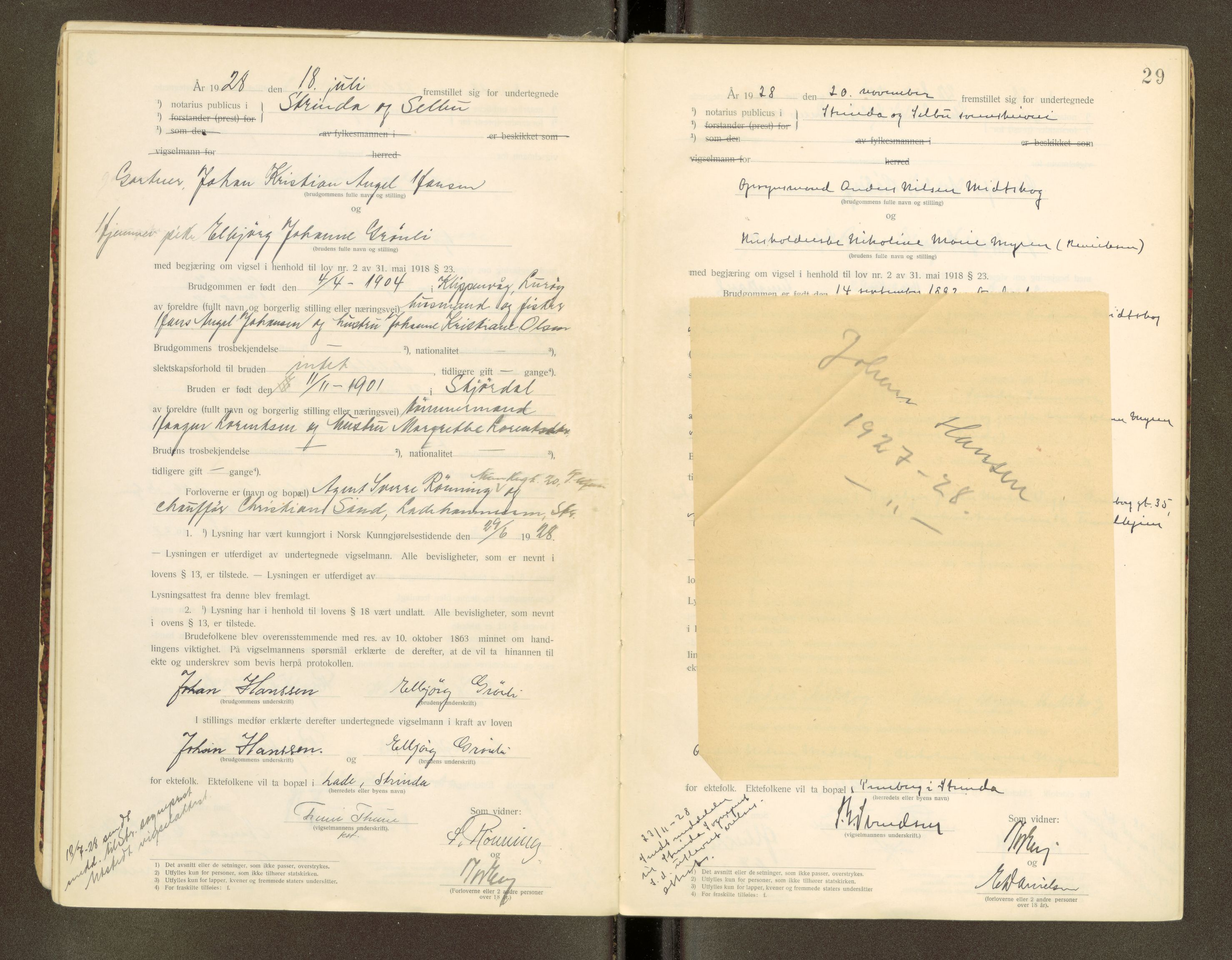 Strinda og Selbu sorenskriveri, AV/SAT-A-0015/6/6D/L0003: Vigselsbok, 1920-1942, p. 29