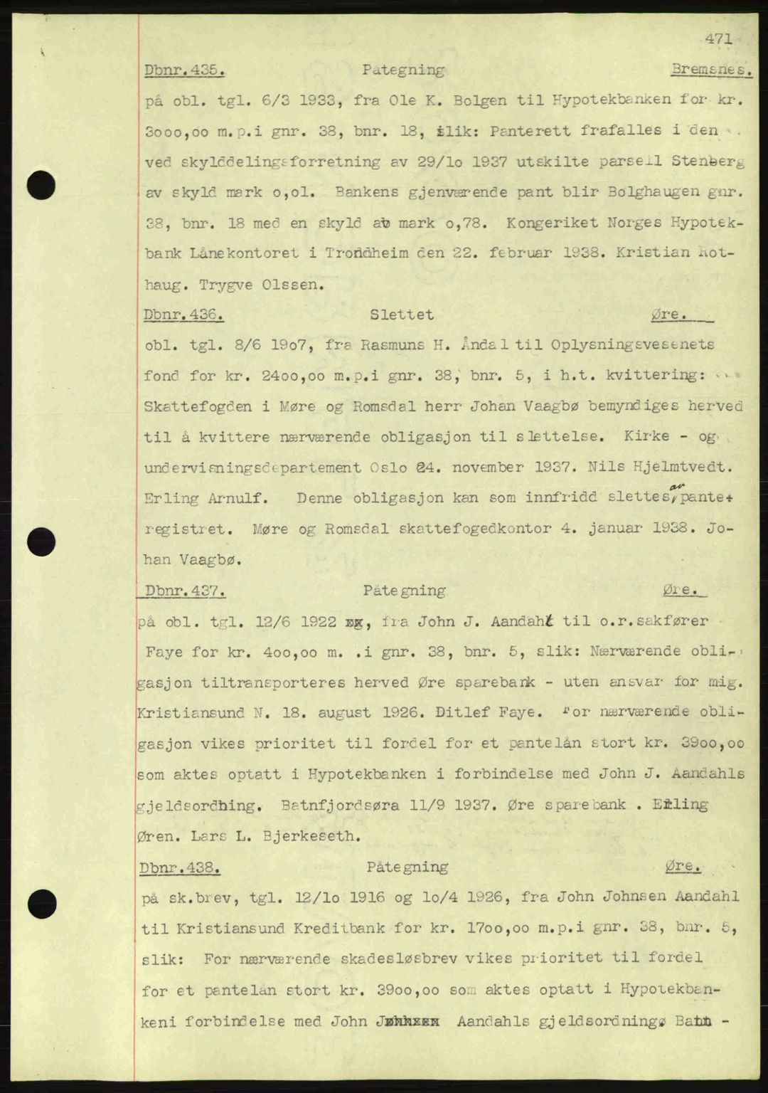 Nordmøre sorenskriveri, AV/SAT-A-4132/1/2/2Ca: Mortgage book no. C80, 1936-1939, Diary no: : 435/1938