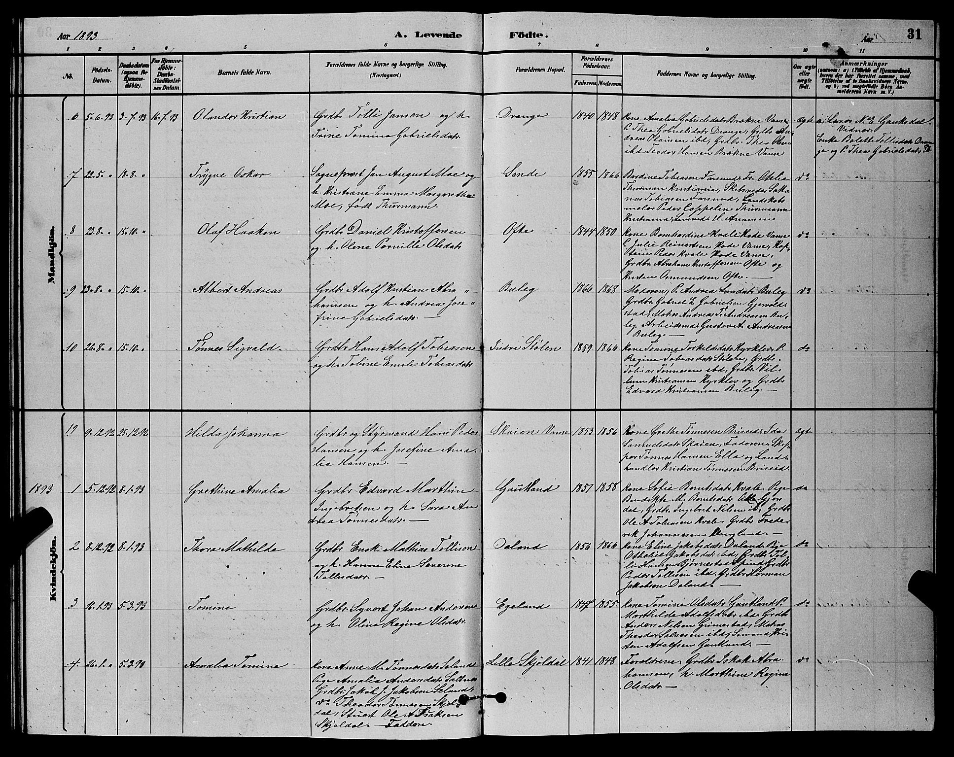 Herad sokneprestkontor, AV/SAK-1111-0018/F/Fb/Fba/L0004: Parish register (copy) no. B 4, 1882-1899, p. 31