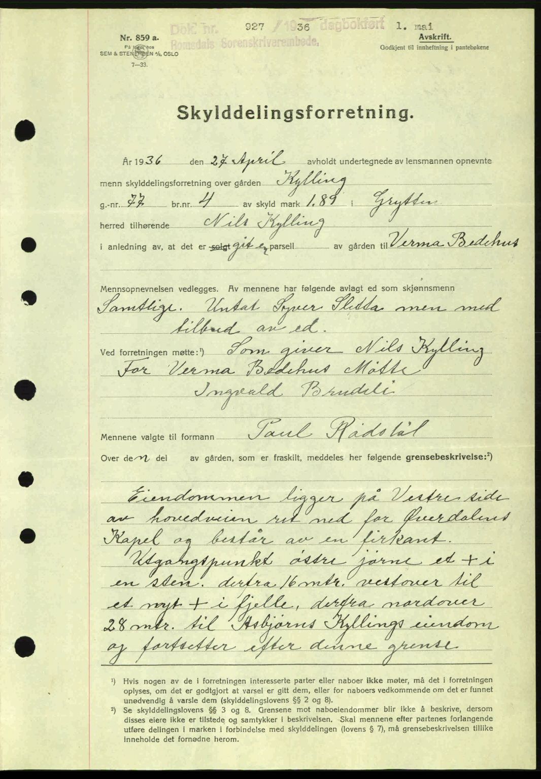 Romsdal sorenskriveri, AV/SAT-A-4149/1/2/2C: Mortgage book no. A1, 1936-1936, Diary no: : 927/1936