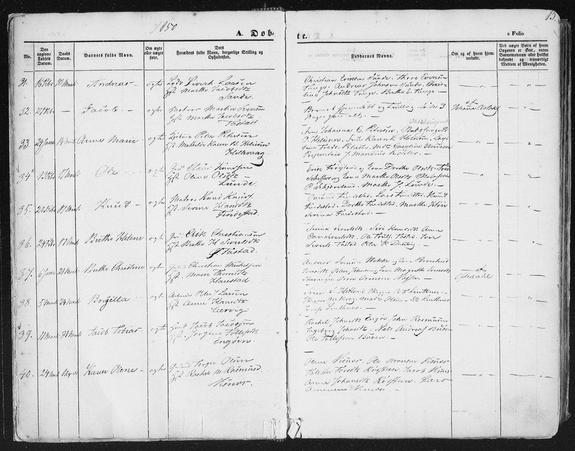 Hetland sokneprestkontor, AV/SAST-A-101826/30/30BA/L0002: Parish register (official) no. A 2, 1849-1869, p. 15