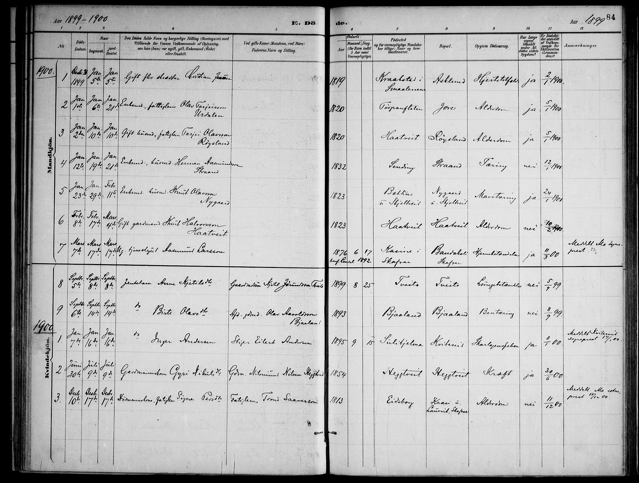 Lårdal kirkebøker, AV/SAKO-A-284/F/Fa/L0007: Parish register (official) no. I 7, 1887-1906, p. 84