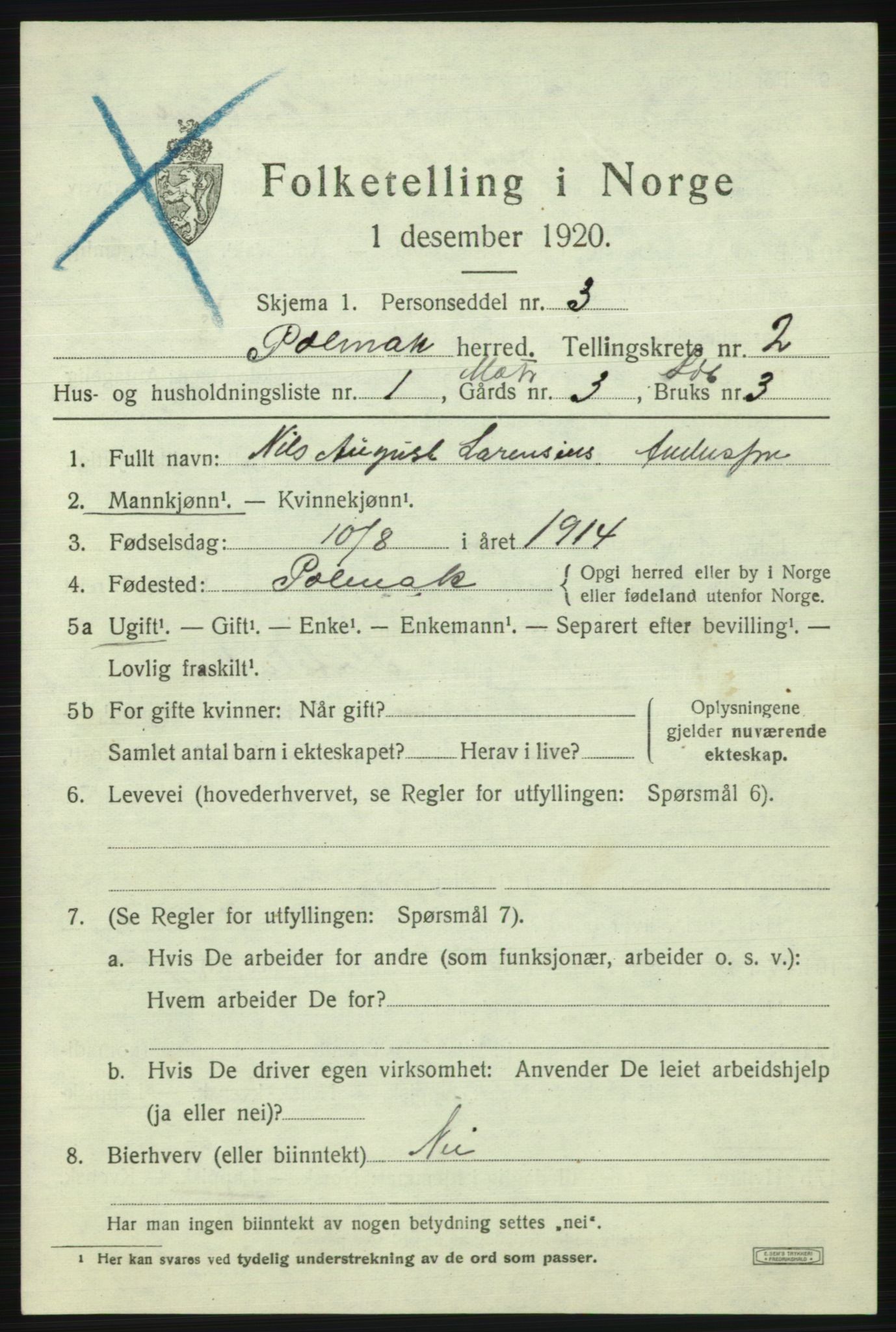 SATØ, 1920 census for Polmak, 1920, p. 721