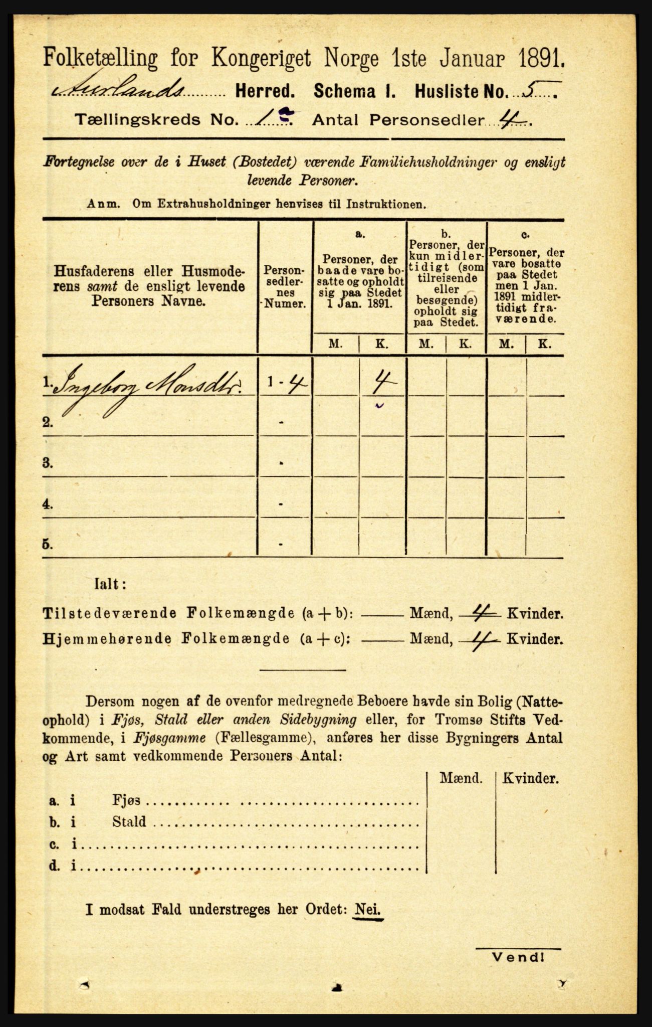 RA, 1891 census for 1421 Aurland, 1891, p. 24