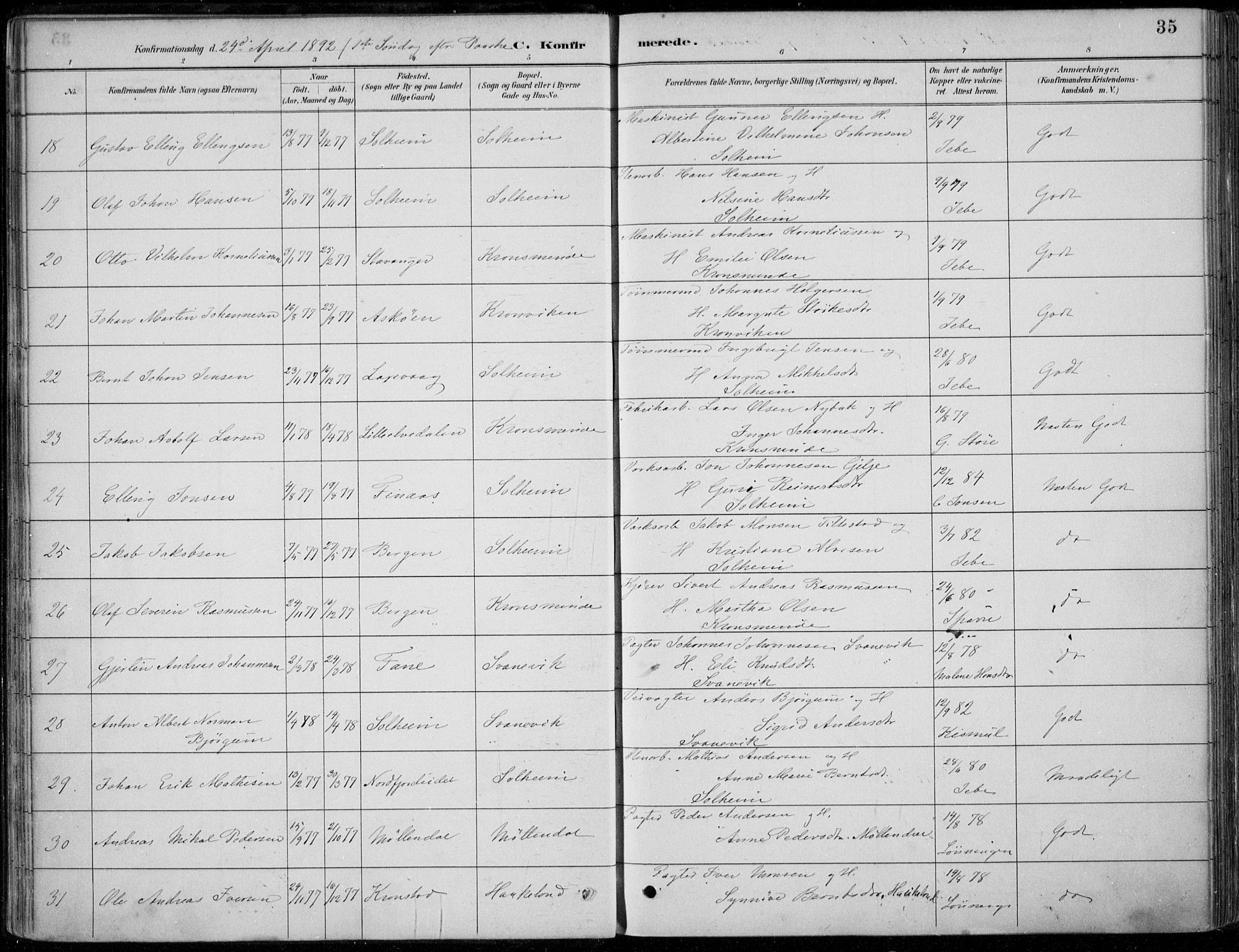 Årstad Sokneprestembete, SAB/A-79301/H/Haa/L0006: Parish register (official) no. B 1, 1886-1901, p. 35