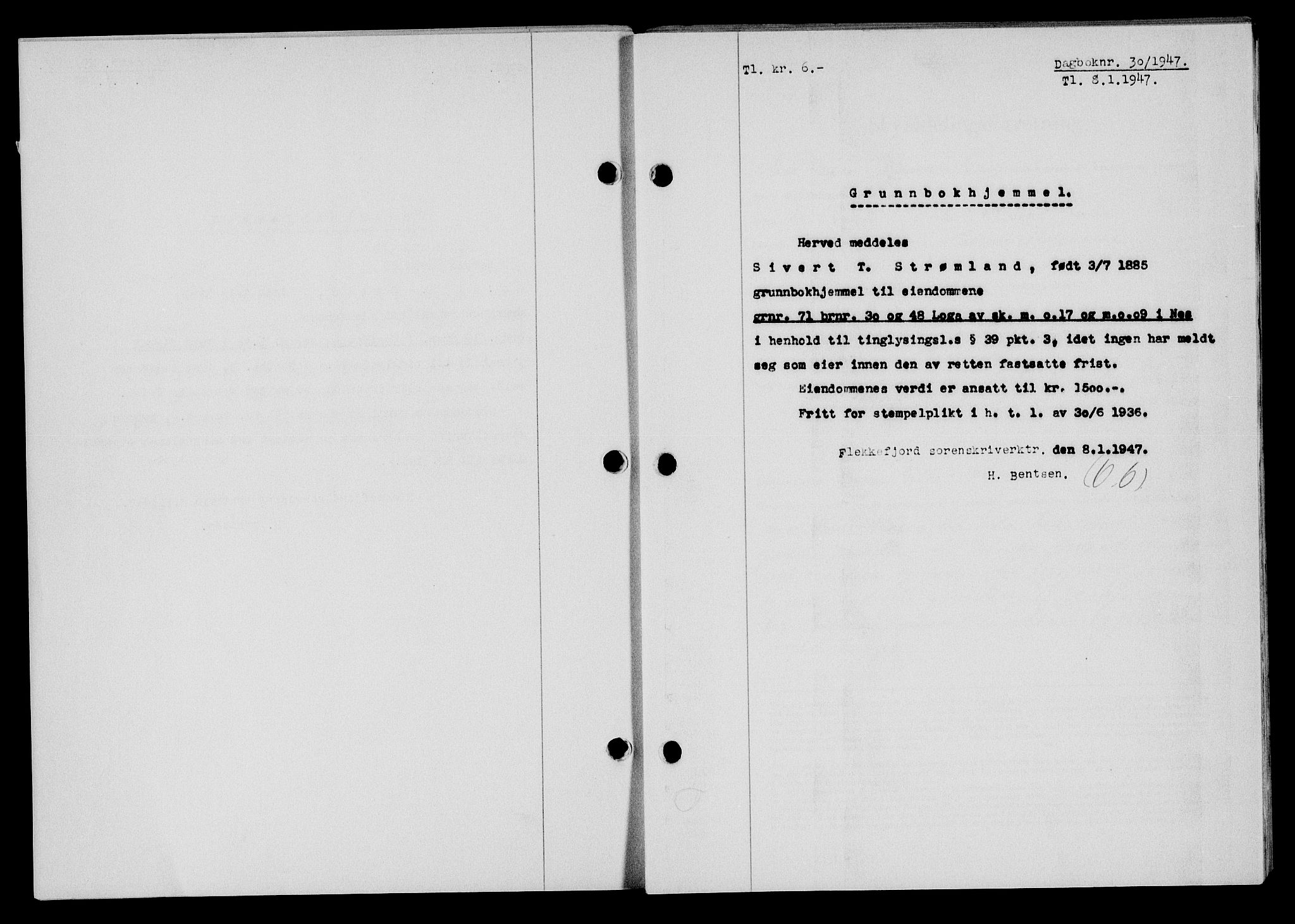 Flekkefjord sorenskriveri, SAK/1221-0001/G/Gb/Gba/L0061: Mortgage book no. A-9, 1946-1947, Diary no: : 30/1947