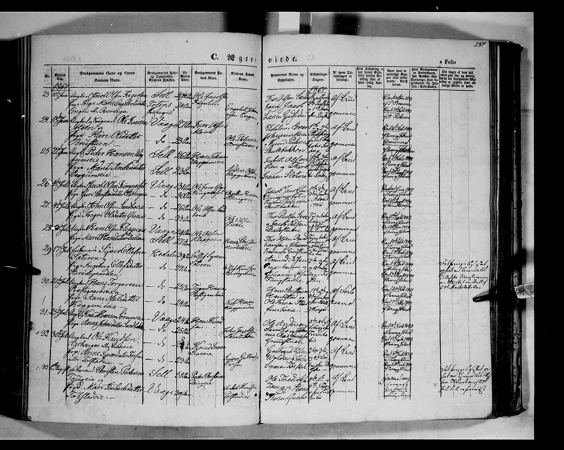 Vågå prestekontor, AV/SAH-PREST-076/H/Ha/Haa/L0006: Parish register (official) no. 6 /1, 1856-1872, p. 287