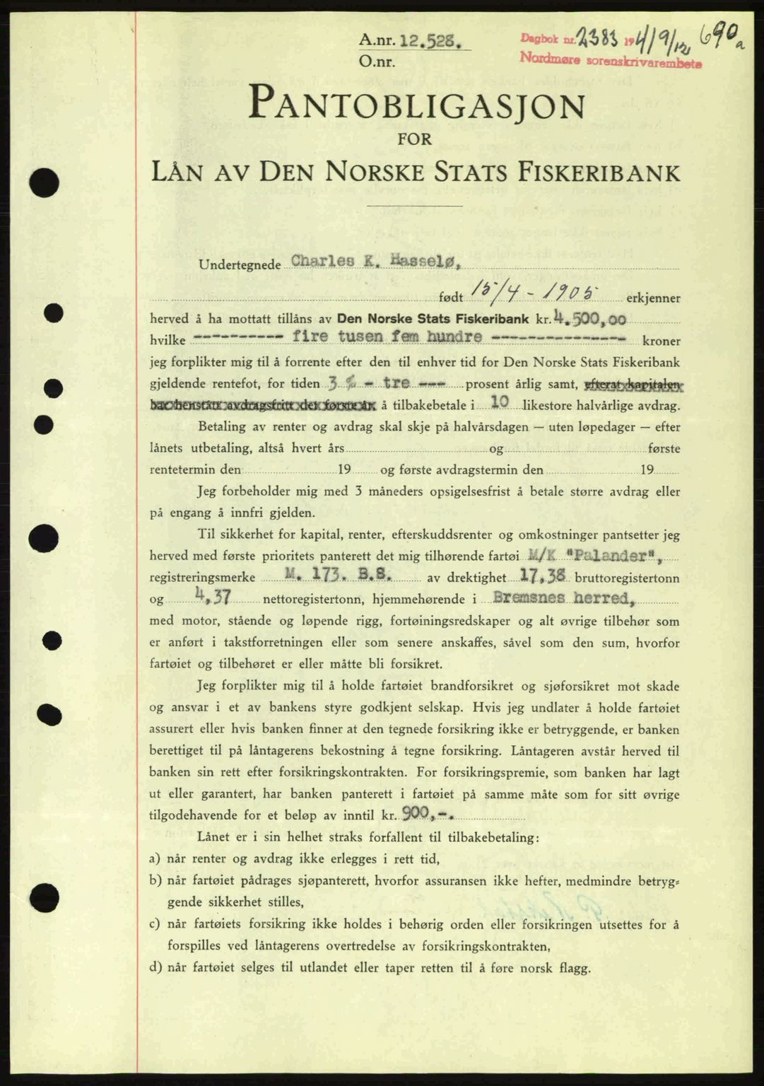 Nordmøre sorenskriveri, AV/SAT-A-4132/1/2/2Ca: Mortgage book no. B88, 1941-1942, Diary no: : 2383/1941