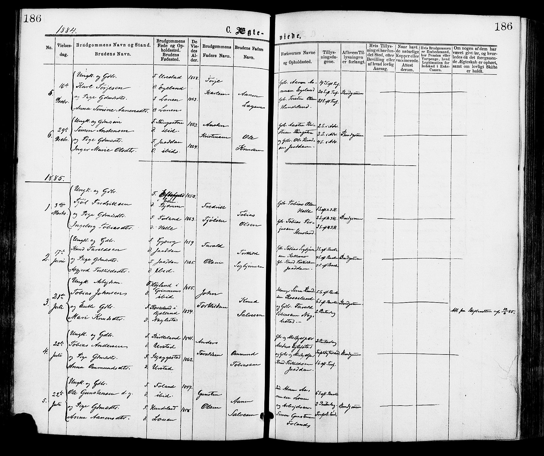 Hægebostad sokneprestkontor, AV/SAK-1111-0024/F/Fa/Faa/L0005: Parish register (official) no. A 5, 1864-1886, p. 186