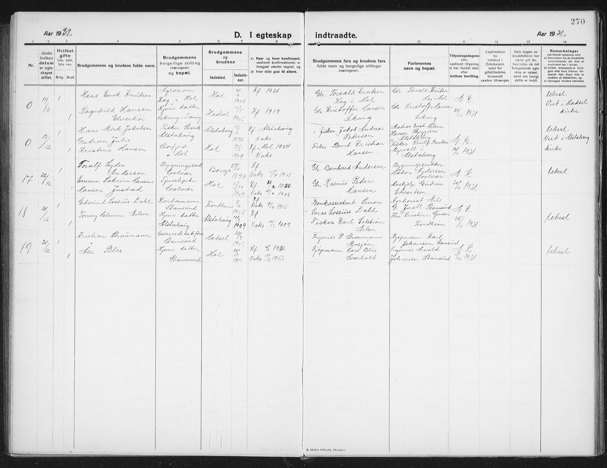 Ministerialprotokoller, klokkerbøker og fødselsregistre - Nordland, SAT/A-1459/882/L1183: Parish register (copy) no. 882C01, 1911-1938, p. 270