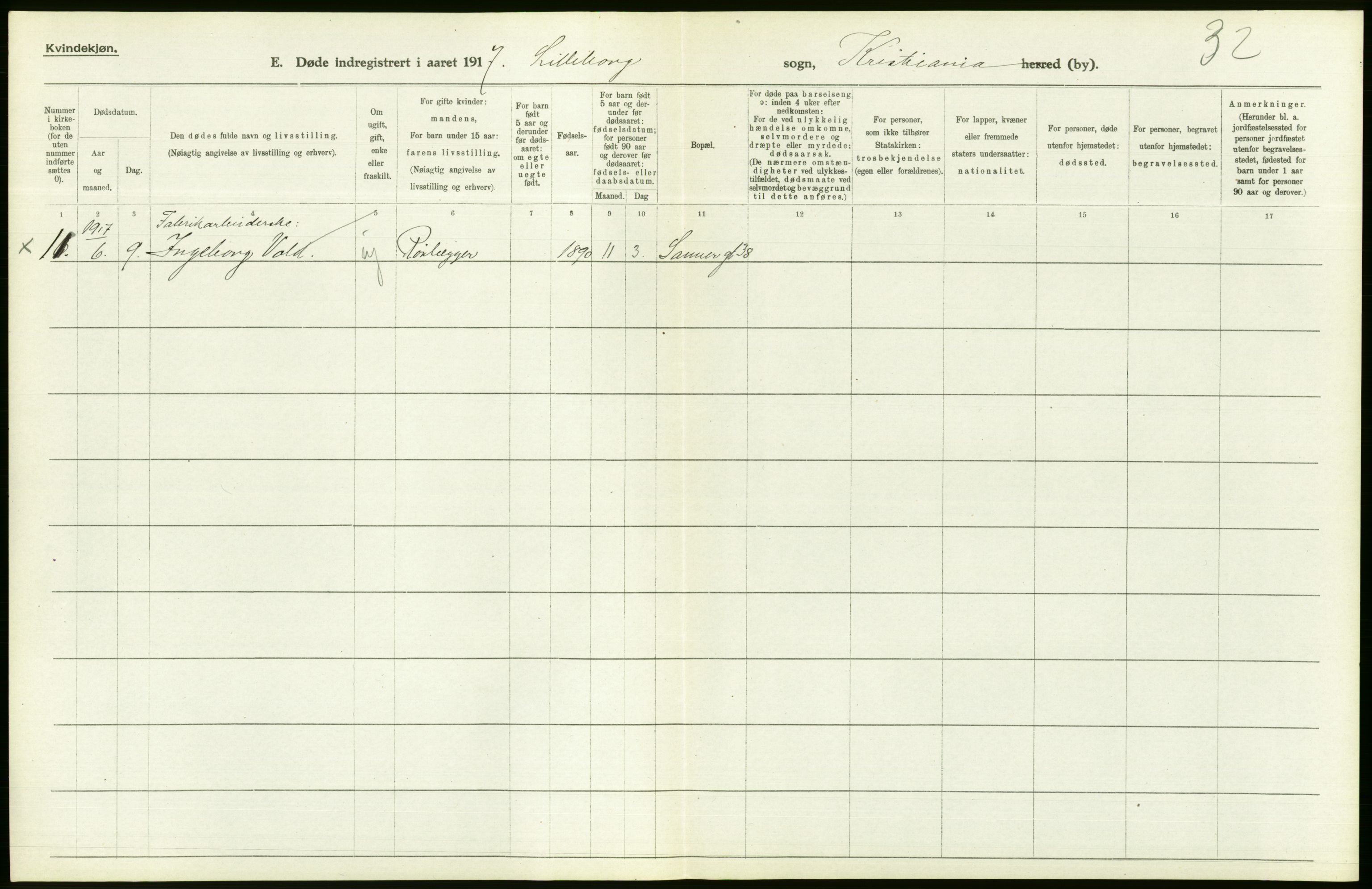 Statistisk sentralbyrå, Sosiodemografiske emner, Befolkning, AV/RA-S-2228/D/Df/Dfb/Dfbg/L0010: Kristiania: Døde, 1917, p. 152