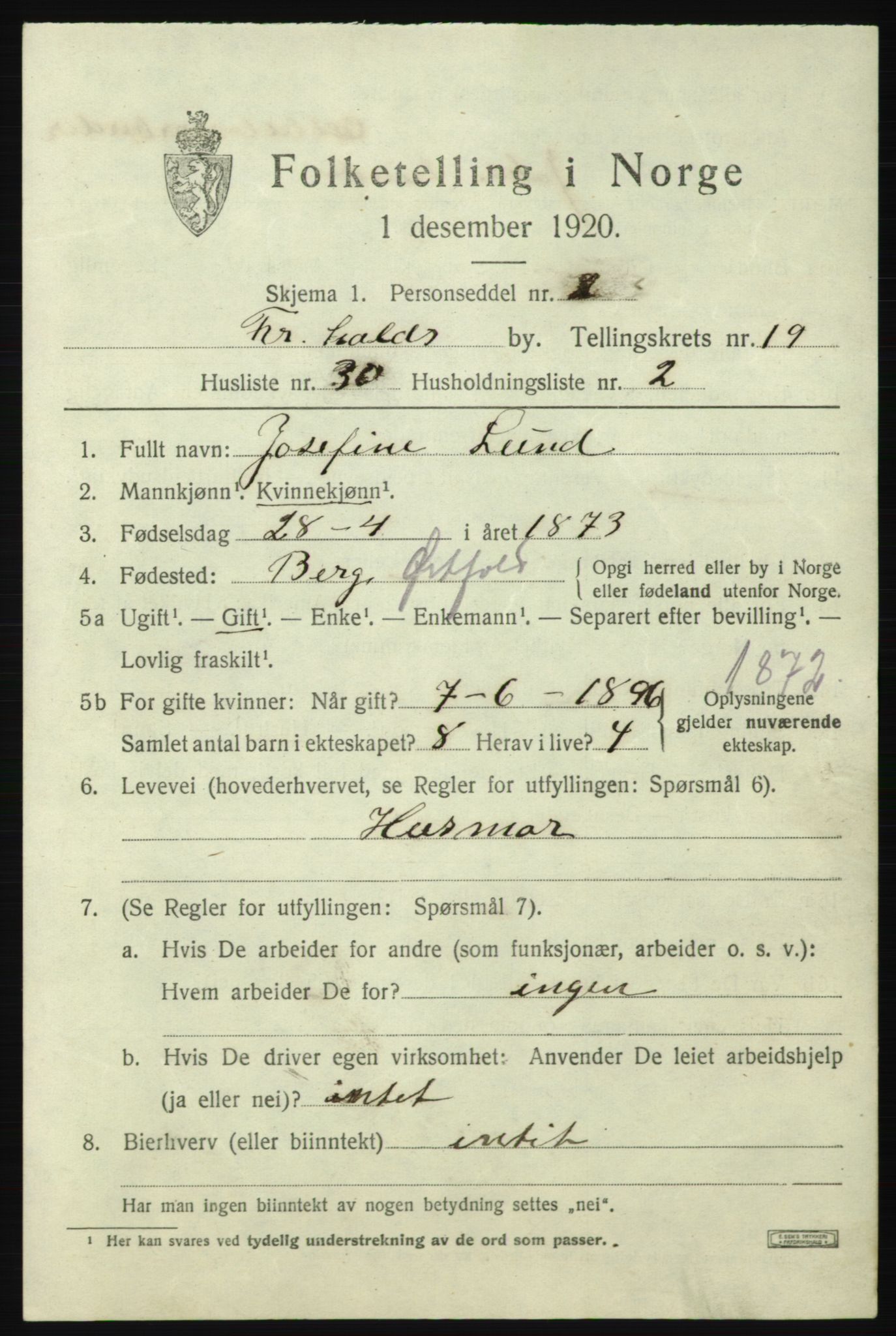 SAO, 1920 census for Fredrikshald, 1920, p. 28984