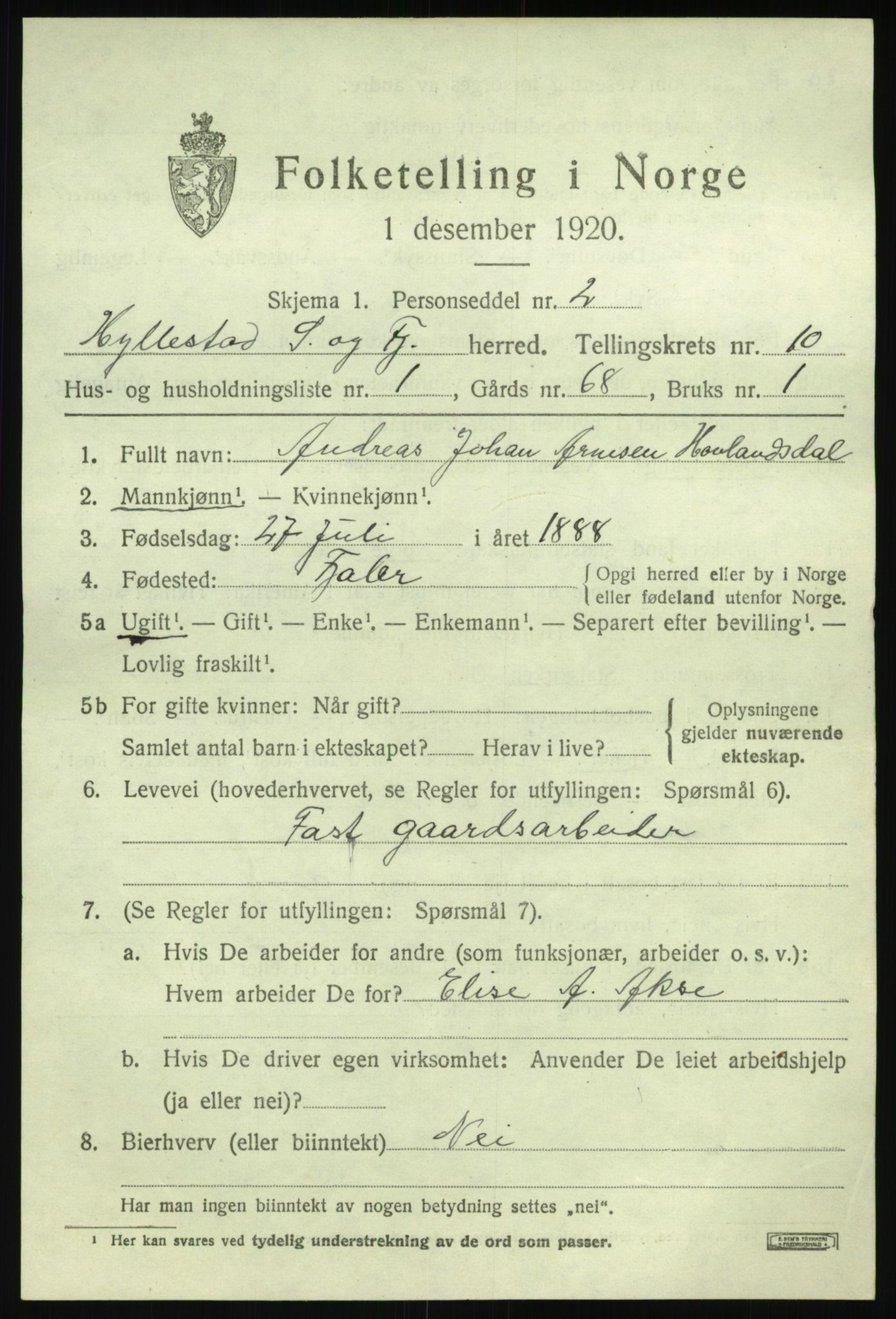 SAB, 1920 census for Hyllestad, 1920, p. 3814