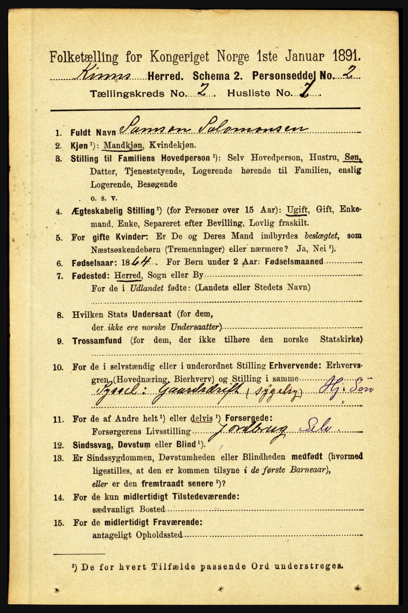 RA, 1891 census for 1437 Kinn, 1891, p. 537